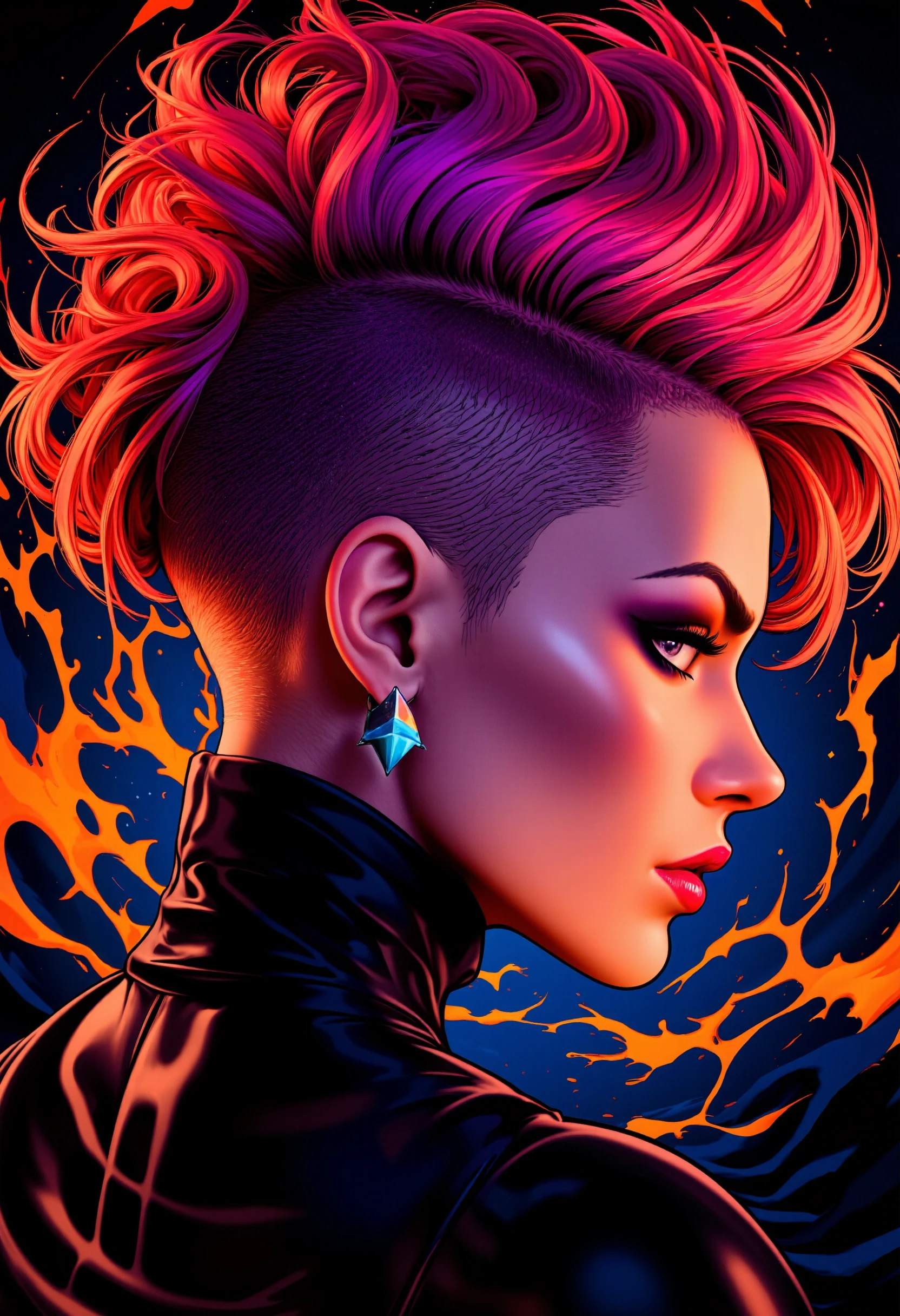 A dynamic portrait of a rebellious woman with a bold, undercut hairstyle, featuring vibrant pink and purple highlights. Her side profile is illuminated by soft, glowing light, contrasting with the dark, edgy surroundings. Her intense expression is accentuated by sharp, geometric earrings and a streak of dark makeup running down her cheek. The background is an abstract swirl of fiery oranges and cool blues, capturing a sense of motion and intensity, reminiscent of vibrant comic book art styles by the likes of Loish or Ilya Kuvshinov.