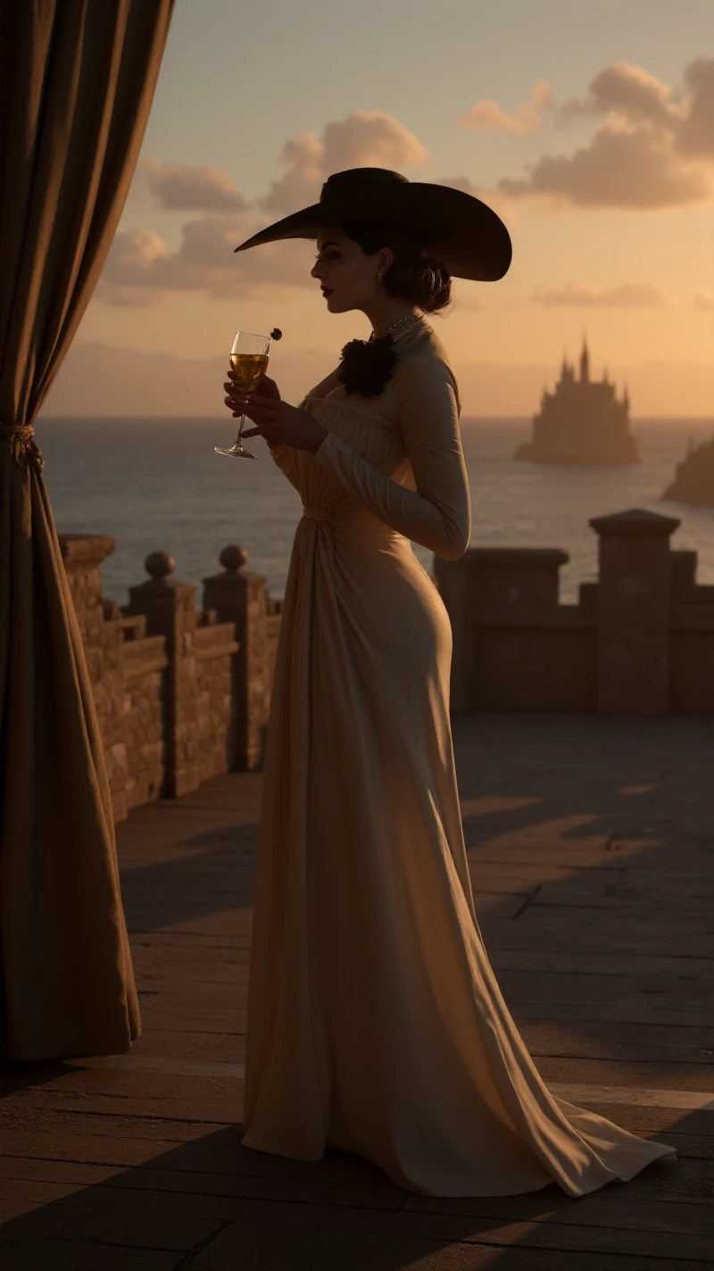 Alcina Dimitrescu wears a back hat and a dress in a castle. She is having a cocktail on the beach at sunset <lora:Alcina_Dimitrescu:0.9>