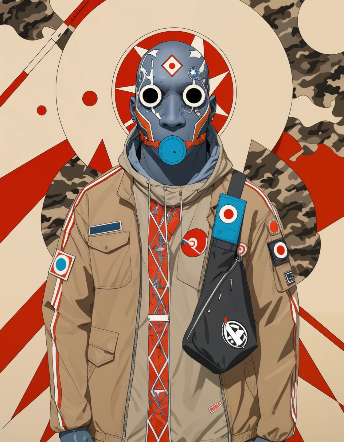 vmos, person with blank black eyes with beige outlines grey skin with black lines and a long sideways blue mouth, circle, wearing a orange grey jacket, japanese flag on arm, red diamonds with white outlines, fanny pack strapped to chest, white line running down arms, circle with intersecting diamonds, circle with camoflage, grey white and red, red circle, blue beige gradient background, red white circles with stars, white border with outline