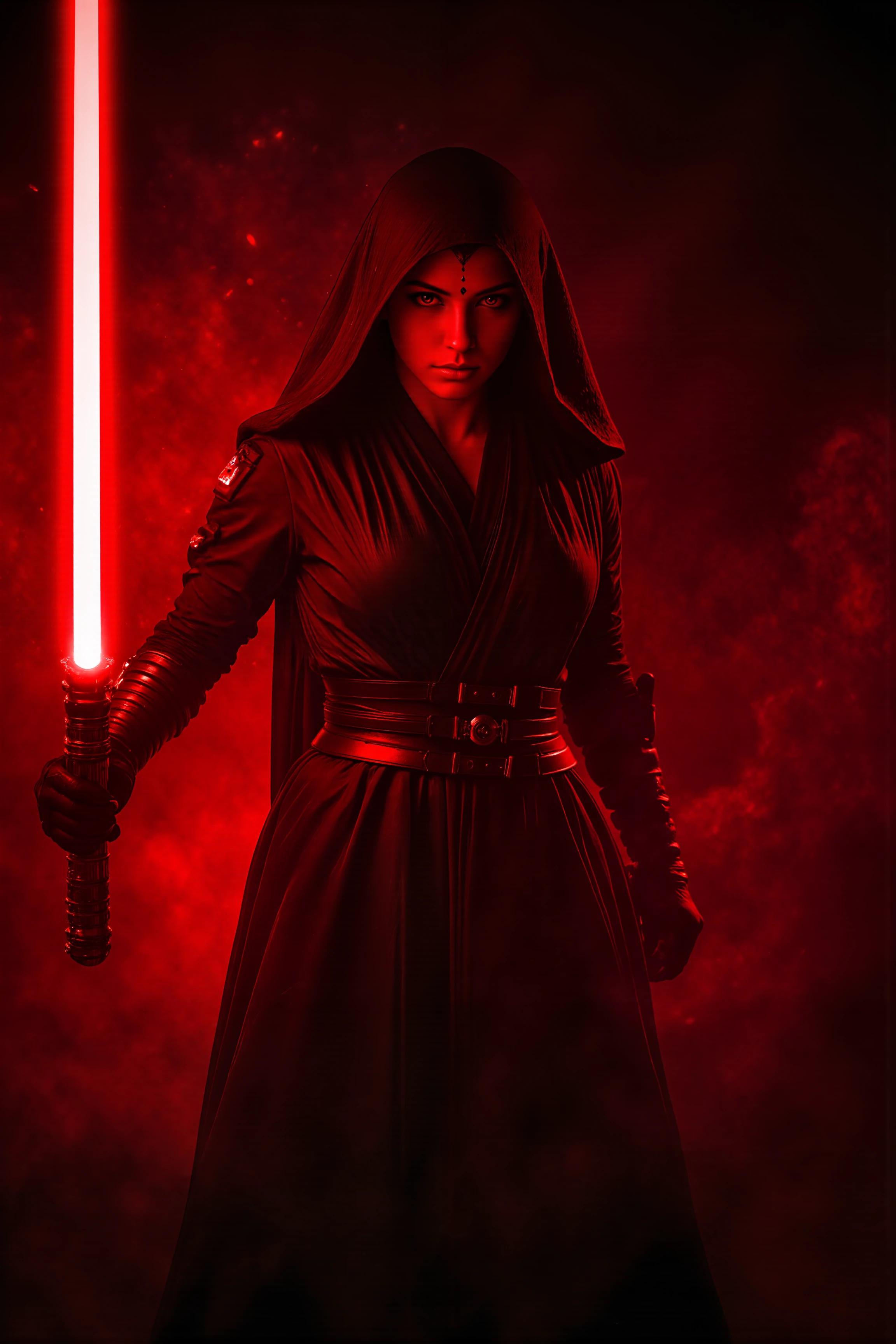 A hyper-realistic, photorealistic photo image of  A woman in sithoutfit with red lightsaber (photography, high-resolution, dynamic, energetic,hyper-realistic, dramatic lighting, shallow depth of field.), detailmaximizer, MythP0rt<lora:midjourney_whisper_flux_lora_v01:0.55><lora:aidmaMJ6.1-FLUX-V0.1:0.4><lora:FluxMythP0rtr4itStyle:0.4><lora:detailed_flux_ntc:2.2><lora:aidmaImageUpgrader-FLUX-V0.1:0.65><lora:SITH_FLUX:1.1>