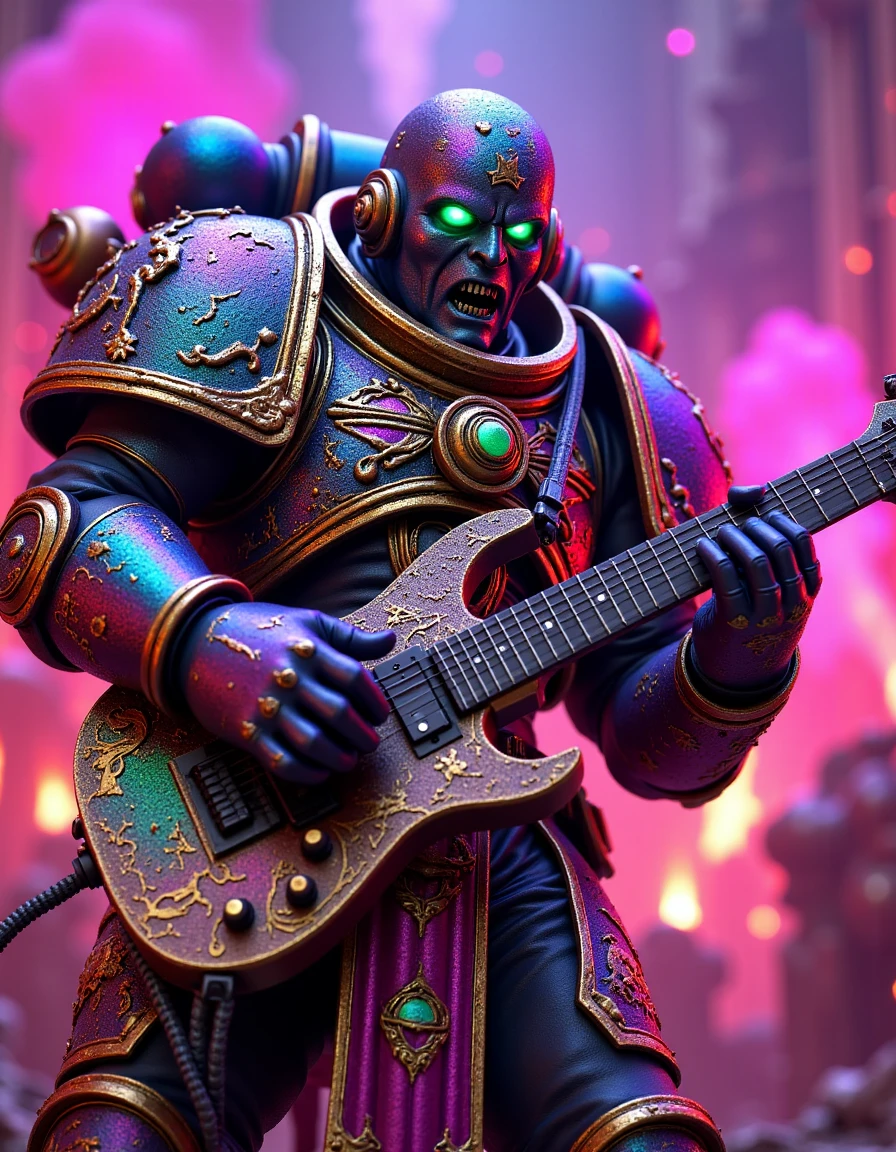 Imagine a vivid, explicit and uncensored photorealistic high-definition 8k professional image featuring a Noise Marine in Space Marine Power Armor wearing a helmet with a screaming speaker mouth playing an electric guitar plasma gun flamethrower on a stage surrounded by rainbow pyrotechnics, his kaleidoscopic iridescent rainbow armor is covered in elaborate glowing symbols and glitter