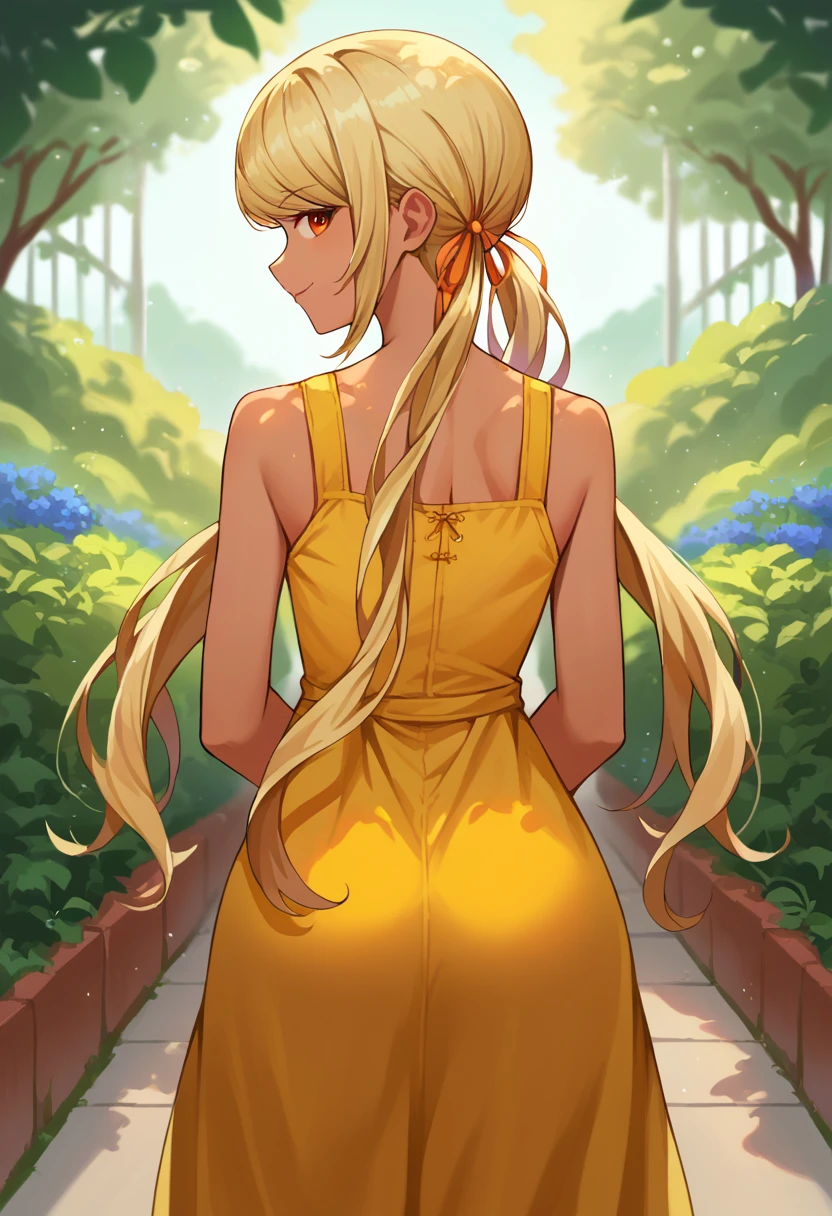 score_9, score_8_up, source_anime, 1girl, solo, KaminariQpi, orange eyes, dark skin, blonde hair, long hair, swept bangs, low twintails, from behind, yellow sundress, garden, day, sunshine, smile, looking back, <lora:ChamKaminariQpiPonyXL:1>