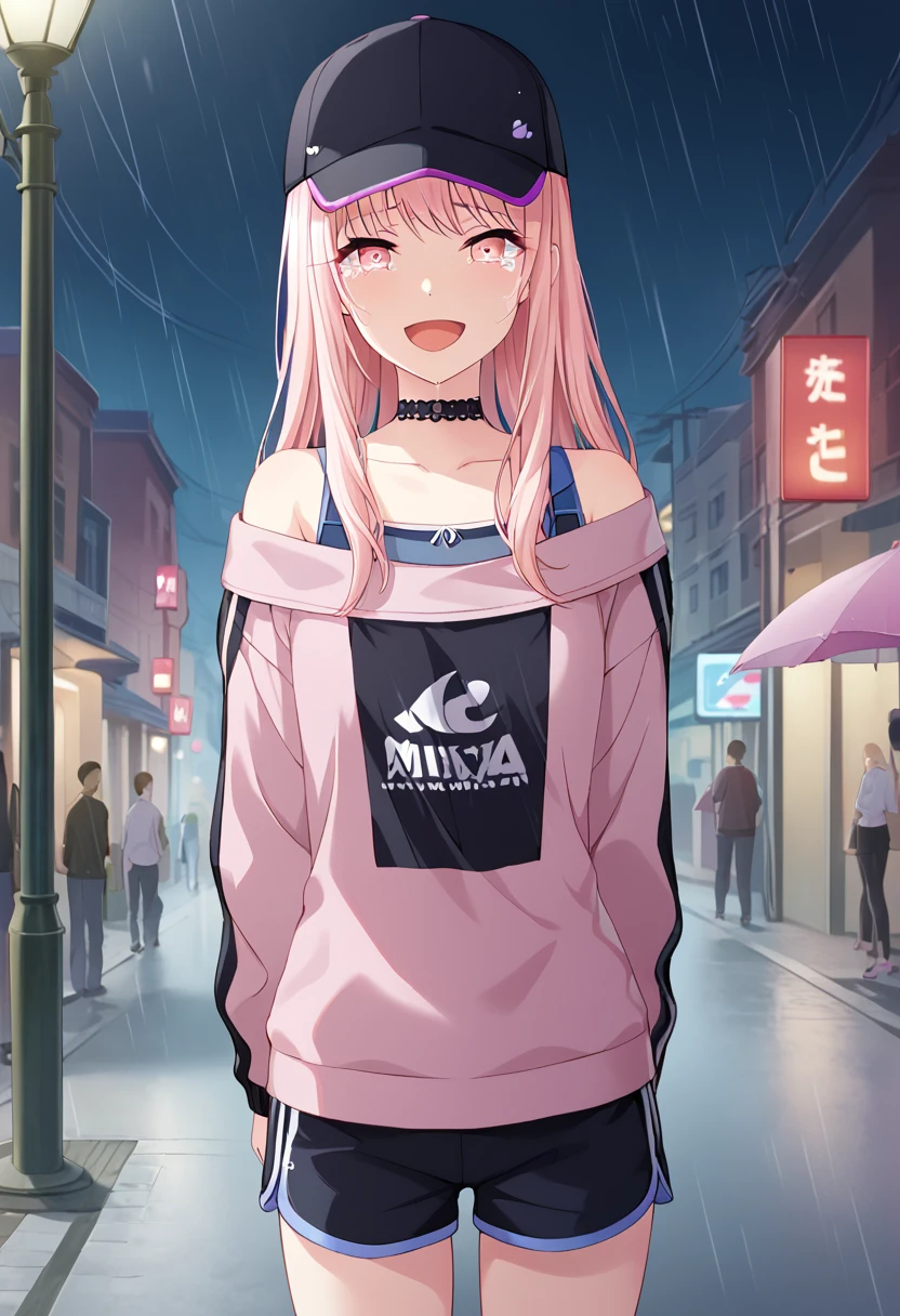 akiyama_mizuki, pink hair, long hair, pink eyes, official art, hat, short shorts, choker, off shoulder, black headwear, black choker, collarbone, shirt, bangs, loose hair, street outfit, choker, off shoulder pink sweatshirt, blue straps,1other, official art BREAK outside, city street, raining, night, BREAK looking at viewer,  neutral face, crying, crying with open eyes, tears, cowboy shot BREAK score_9, score_8_up, score_7_up, source_anime ,zPDXL, perfect hand,  <lora:Akiyama_Mizuki:0.8>, arms behind  back, open mouth, sad smile