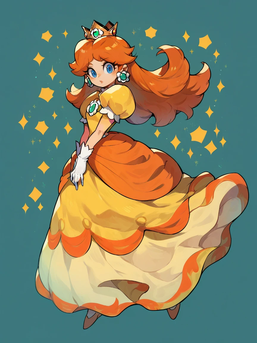 score_9, score_8_up, score_7_up, score_6_up, score_5_up,  <lora:PrincessDaisyXLP:1> princess daisy, 1girl, earrings, solo, blue eyes, crown, long hair, white gloves, orange hair, dress, full body,