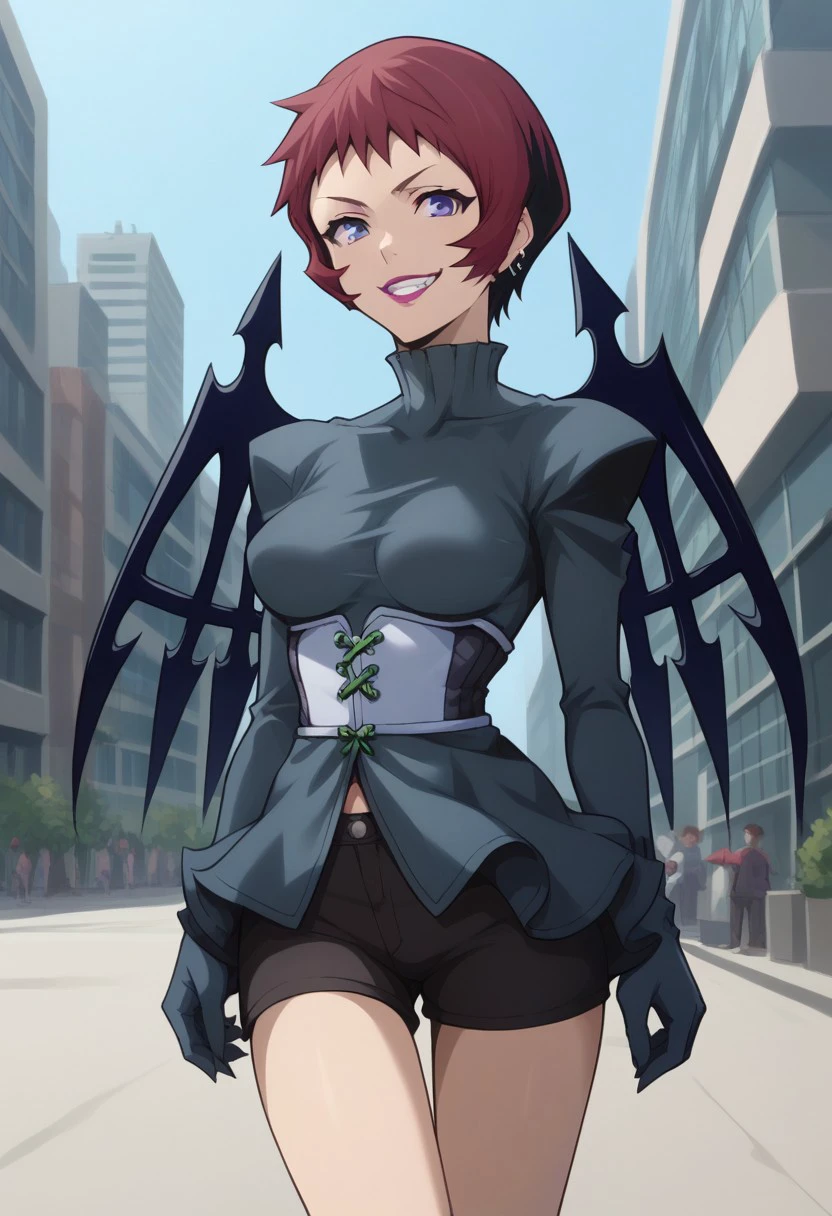 score_9, score_8_up, score_7_up, source_anime, highly detailed, 
uzuki, 1girl, solo, short hair, wings, black wings, blue eyes, lipstick, gloves, red hair, makeup, breasts, purple eyes, grey shirt, earrings, smirk, teeth,
outdoor, street, building, sky,