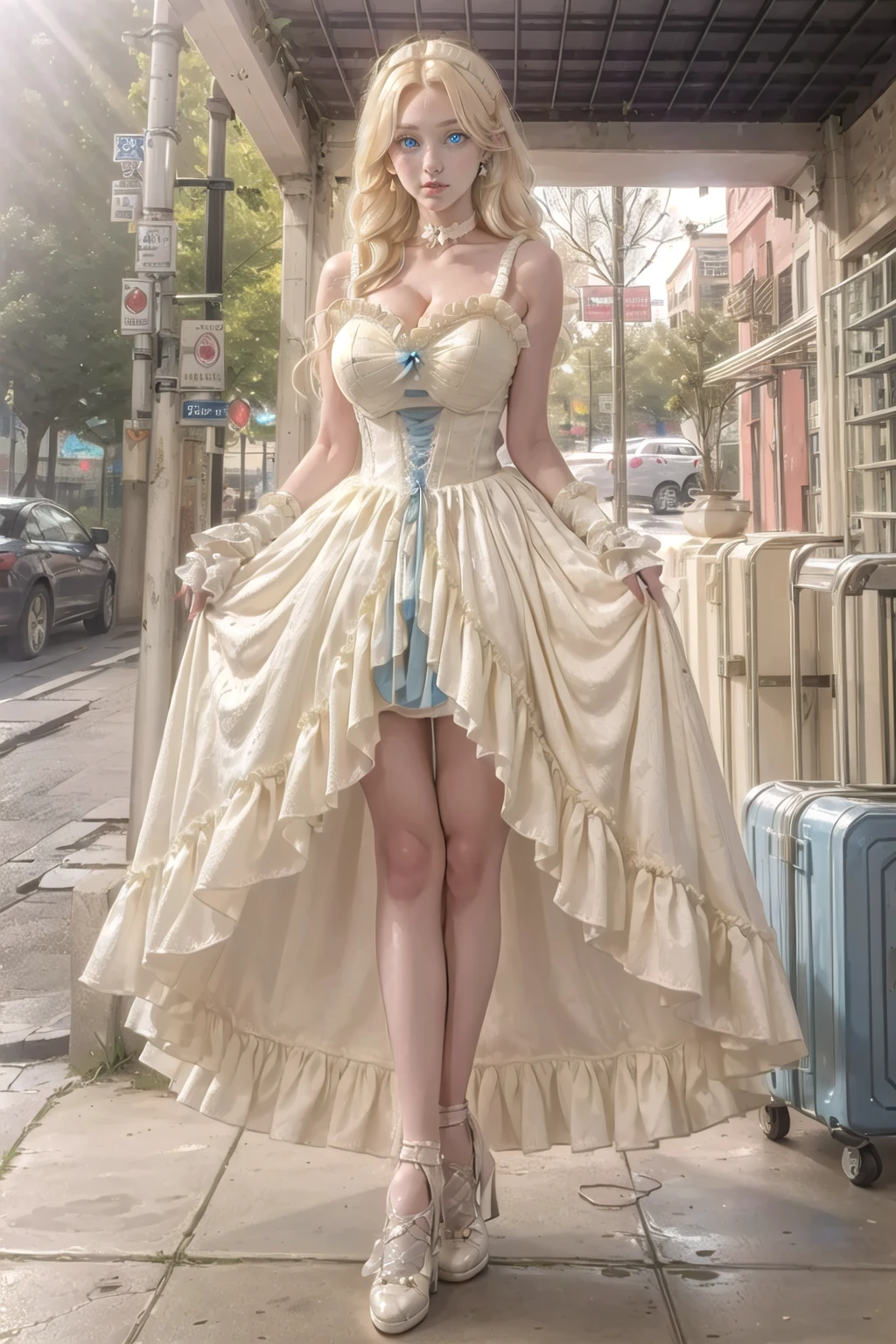 (masterpiece, best quality:1.2),illustration,8k,hd,solo,(blonde hair:1.4),1 girl,very long hair,solo,yg,white dress,earrings,choker,collarbone,footwear,heel,white gloves((cleavage:1.2)),huge breasts,(outdoors:1.4),(glowing blue eyes:1.3),full body,