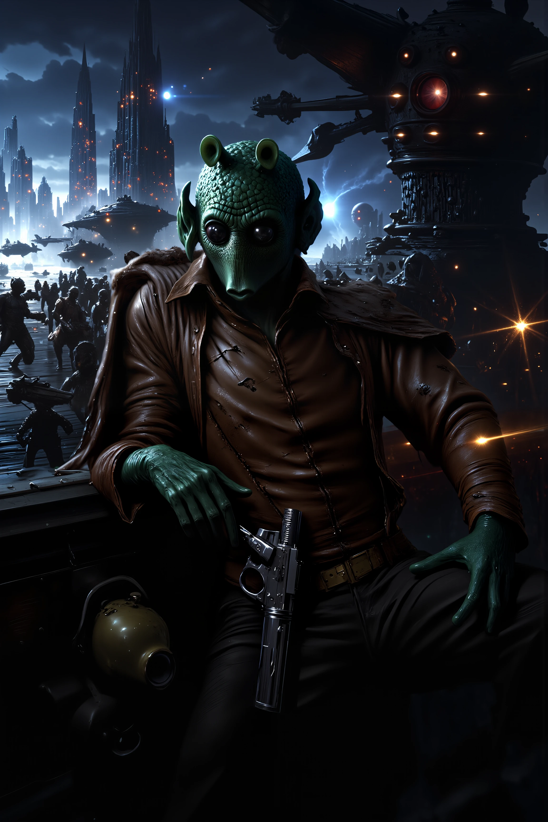 A hyper-realistic portrait, photorealistic photo close-up image of  A male Rodian smuggler with snout leans casually against the hull of his freighter, his dark green skin almost blending into the worn, metal surface of the ship. His leather jacket is torn in places, a testament to countless close calls, and his blaster pistol rests loosely in its holster, ready for a quick draw if needed. Around him, the bustling spaceport is alive with activity; droids scurry by carrying crates, while starships of every size and shape land and take off in a chaotic dance. The air smells of fuel and fried street food, and the distant hum of engines reverberates in the background. The Rodianâs sharp eyes scan the crowd, always on the lookout for a potential job or a dangerous bounty hunter looking to cash in on his name. His ship, a patched-together freighter, hums faintly with idle power behind him, the boarding ramp extended like an open invitation. Overhead, the towering skyscrapers of the city reach toward the sky, their lights blinking in the dusk. The Rodianâs posture is relaxed, but thereâs a tension in his stanceâheâs always ready to run, always ready to fight. (photography, high-resolution, dynamic, energetic,hyper-realistic, dramatic lighting, shallow depth of field.), MythP0rt<lora:DnDDarkestFantasy:0.5><lora:FluxMythP0rtr4itStyle:0.75><lora:Dever_Flux_Enhancer:0.5><lora:Aura_Flux-000010:0.6><lora:RODIAN_1:1.1>