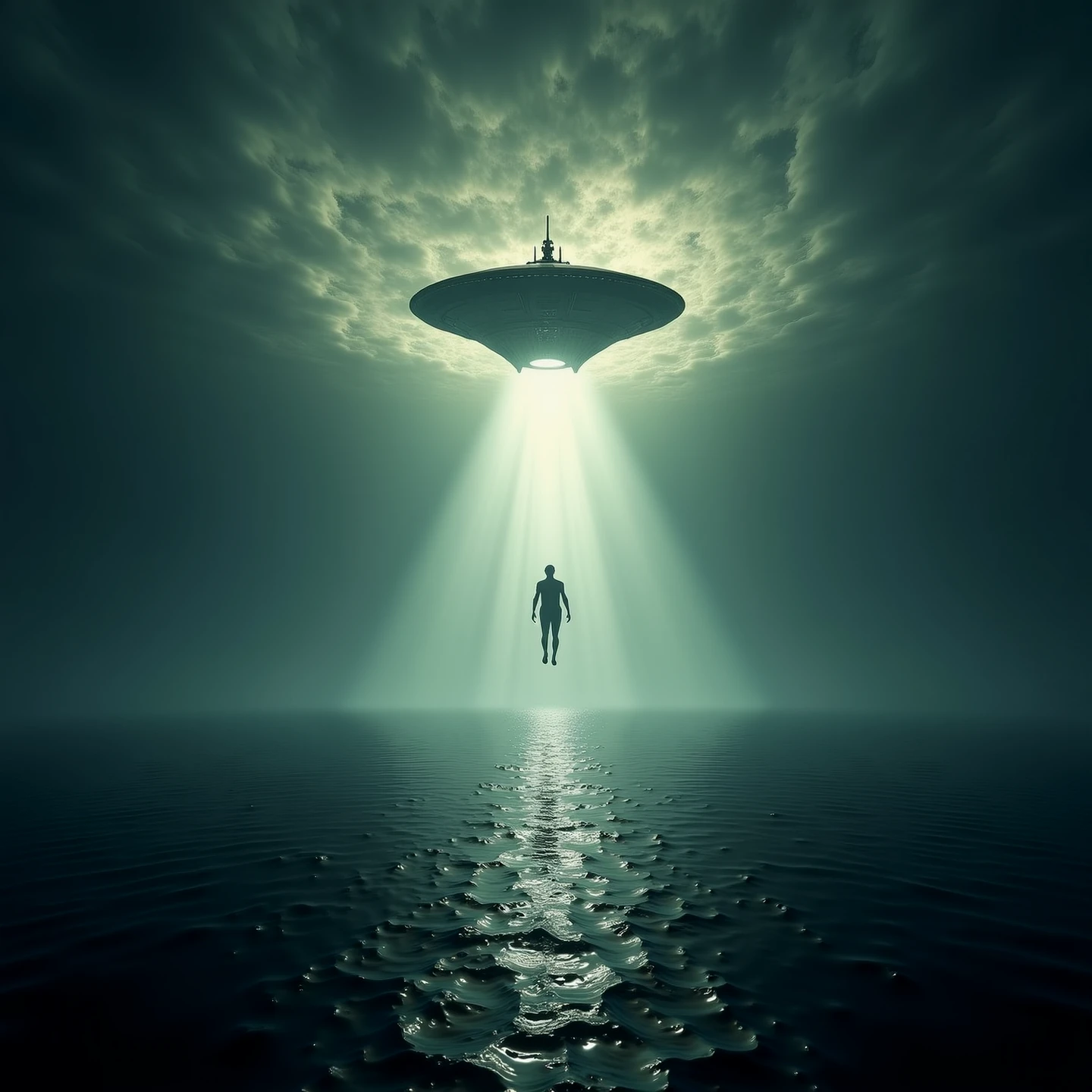 Ocean abduction. Spectral lights. A boat in the air, rising towards the bright light beneath an alien spaceship.

alnabdctnCE style 