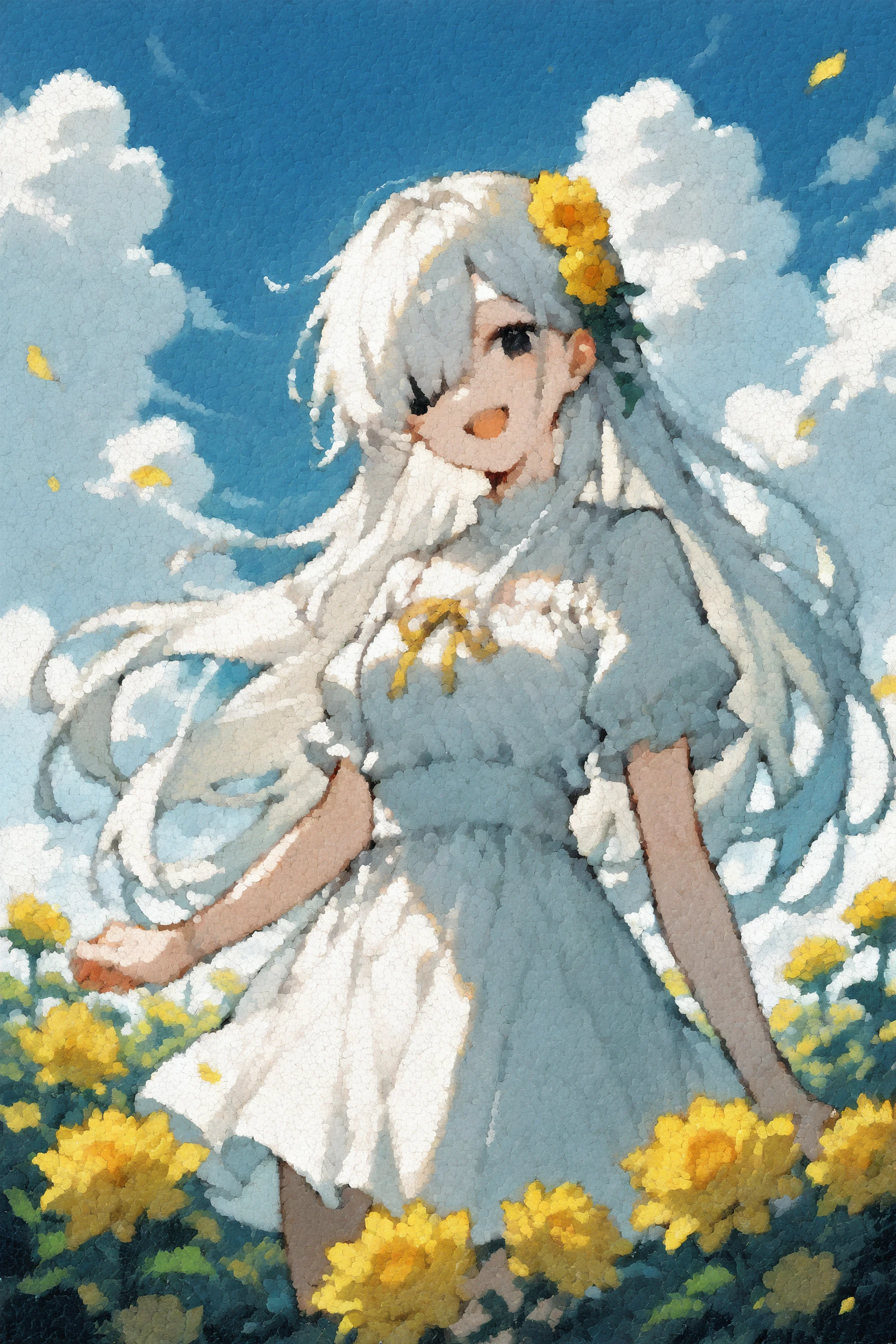 (score_9, score_8_up, score_7_up) BREAK source_anime,pointillism,1girl,solo,white hair,black eyes,yellow camellia,yellow flower,hair over one eye,long hair,open mouth,smile,hair flower,white dress,looking at viewer,smile,cowboy shot,outdoors,blue day,cloud,floating flower,<lora:pointillism_v1:1>,