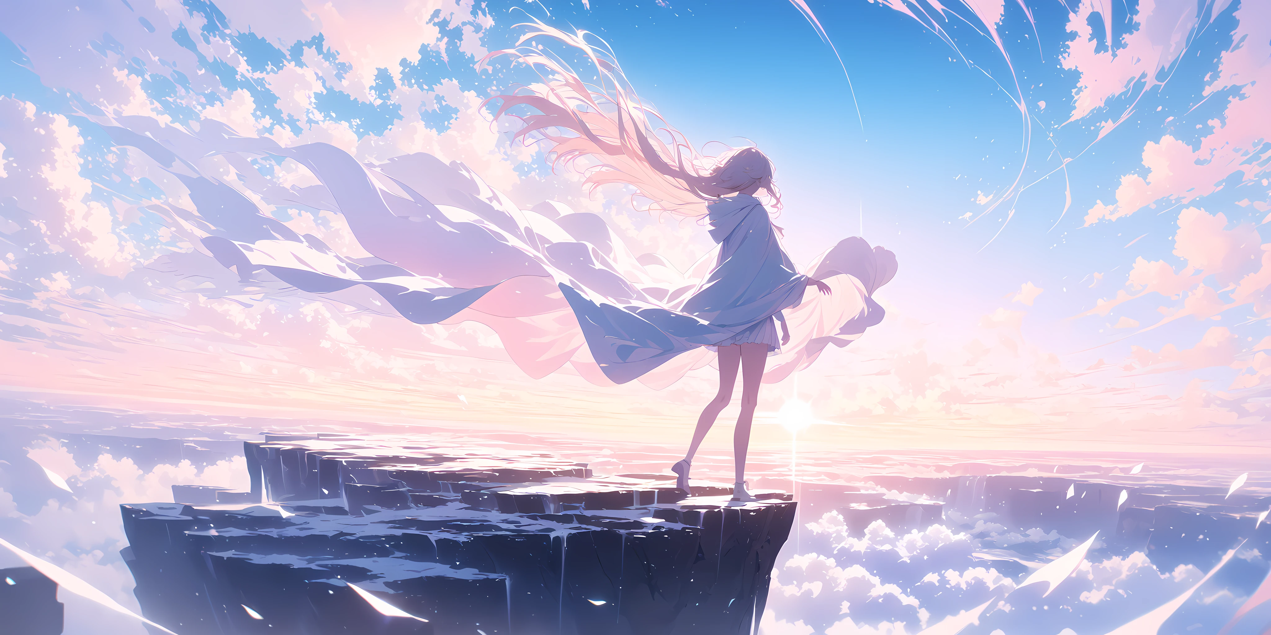 <lora:Blue_Alive:1> 
A breathtaking 4K cinematic scene featuring a dynamic low-angle shot of an anime-style girl standing on a cliff edge, her hair and cloak flowing wildly in the wind. The camera tilts upward, emphasizing the height and vastness of the landscape below. The sky is filled with swirling clouds and dramatic lighting as the sun breaks through, casting long shadows and golden highlights. The camera's dynamic movement captures the sense of motion, creating a powerful, immersive atmosphere with the horizon stretching endlessly beyond her., 4k , masterpiece, cute , masterpiece, best quality, 1girl, solo, cinematic, soft lighting, shine skin , light skin , 8k
, pastel colors , Watercolor