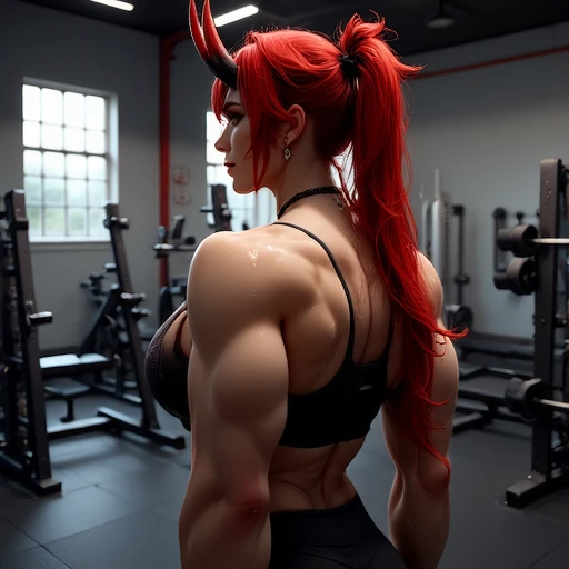 A cinematic shot of Zeriastra with short hairs training at the gym, view from behind