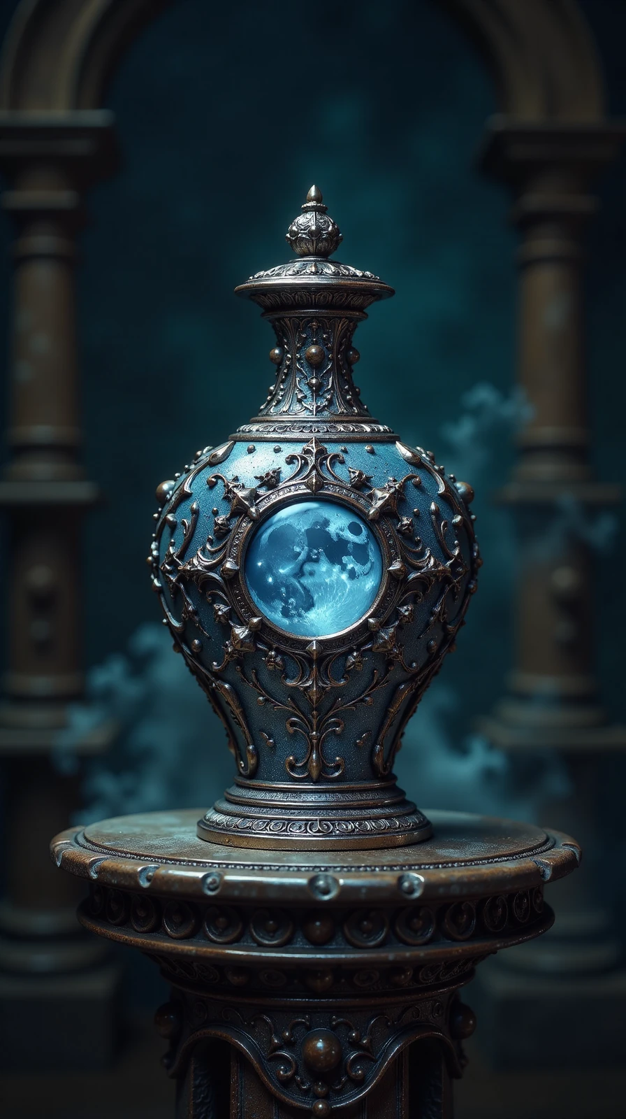 dark fantasy, eerie, horror, A delicate , antique silver flask with intricate engravings of mystical symbols and vines , rests on a worn , velvet -covered pedestal in a dimly lit , mystical chamber . The flask 's contents glow with an ethereal , soft blue light , as if infused with the essence of moon beams and stardust, highly detailed,,<lora:Flux Darkfantasy_epoch_1:1>,