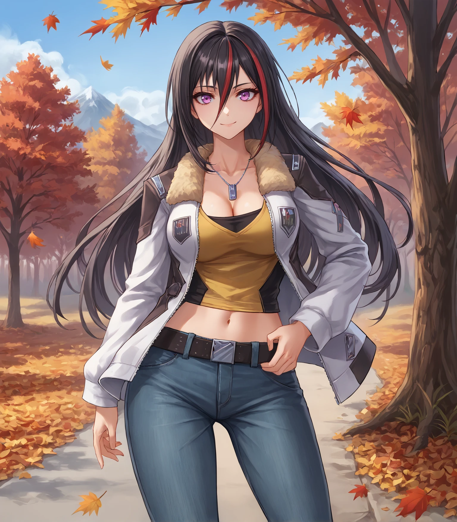 score_9, score_8_up, score_7_up,
1girl, solo,
<lora:EmiliaHarling:0.9>, Emilia Hurling, black hair, streaked hair, red hair, long hair, hair between eyes, purple eyes, large breasts, white jacket, fur-trimmed jacket, long sleeves, dog tags, cleavage, yellow shirt, midriff, navel, jeans, belt, white boots,
full body ,, looking at viewer, happy, smile,
outdoors, distant mountain, autumn, sky, trees, leaves, stream,
<lora:LDART_style_pony_v3:0.7>,, <lora:Racoonkun_Artist_Style:0.4>, racoonsan,,