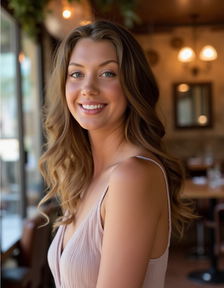 <lora:Elena_Koshka_Flux:1> beautiful detailed photograph, hair cascading over her shoulders, wearing a dress standing in cafe looking at the viewer, smiling