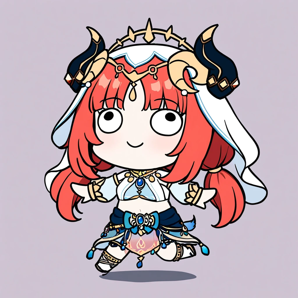 masterpiece,best quality,<lora:style_parody_a31-xl-000066:1>,chibi,style_parody,spread arms,black eyes,1girl,nilou \(genshin impact\),solo,horns,long hair,fake horns,smile,full body,simple background,white background,veil,long sleeves,twintails,low twintails,puffy long sleeves,skirt,puffy sleeves,closed mouth,parted bangs,red hair,very long hair,standing on one leg,meme,harem outfit,looking at viewer,crop top,jewelry,standing,