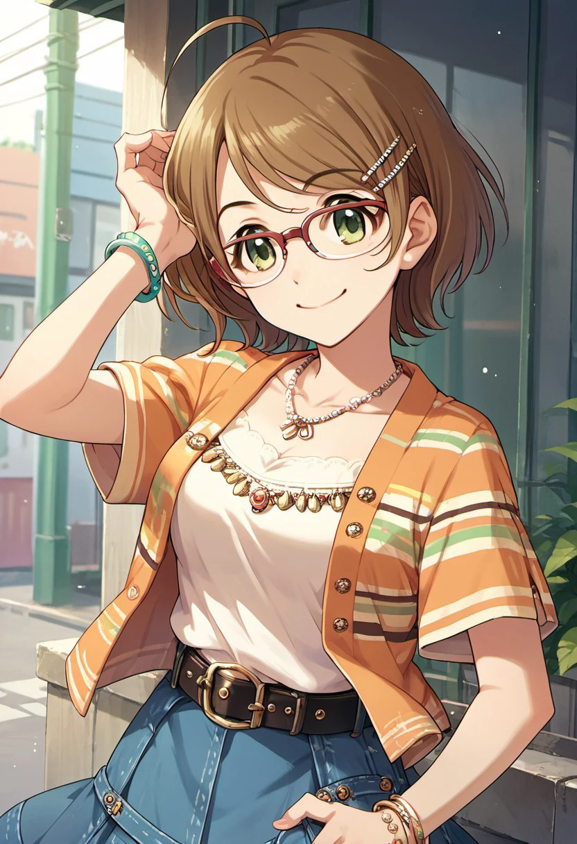 score_9, score_8_up, score_7_up, source_anime, tsuchiya ako, short hair, brown hair, glasses, green eyes, 1girl, hair ornament, hairclip, jewelry, bracelet, skirt, solo, necklace, smile, ahoge, belt