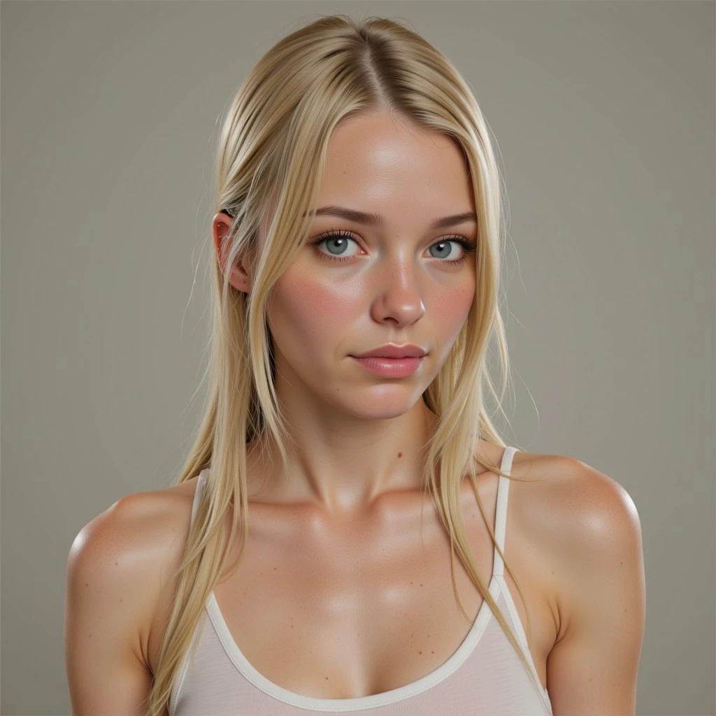 L4ra, this is a high-resolution CGI photo of a young woman, depicted in a realistic, hyper-realistic style. The subject is a slender, Caucasian woman with fair skin and a petite build. She has long, straight blonde hair styled in a casual, loose manner, with a few strands framing her face. Her facial features include high cheekbones, a small nose, and full lips, giving her a youthful and slightly pensive expression.