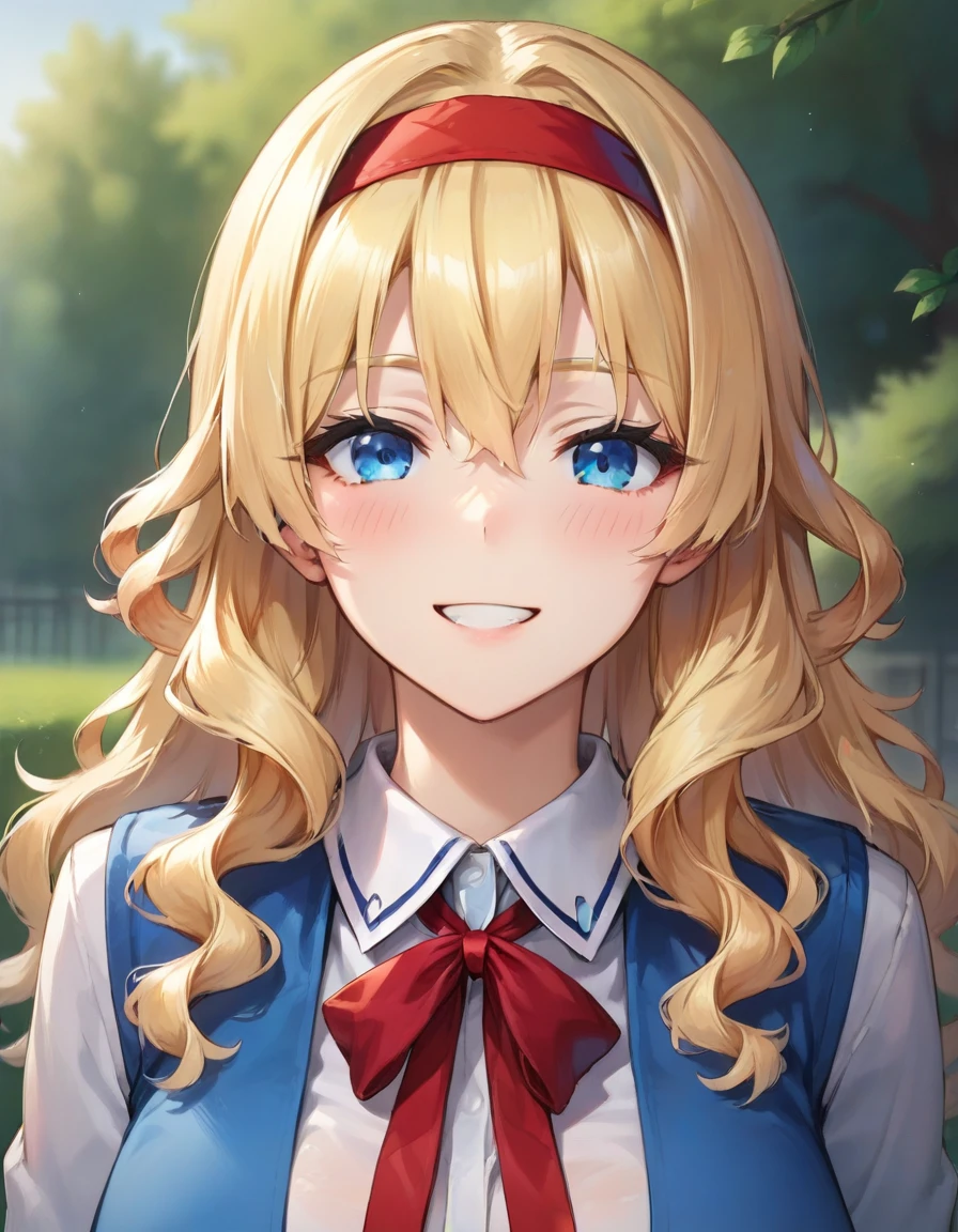 score_9,score_8_up,score_7_up,score_6_up BREAK official art,solo,outdoors,upper body,(portrait:1.5),looking at viewer,facing viewer,smile,blush,Yukina,blonde hair,long hair,wavy hair,hair intakes,red hairband,sidelocks,hair between eyes,bangs,blue eyes,school uniform,neck ribbon,red ribbon,pinafore dress,short dress,blue dress,white shirt,collared shirt,long sleeves,lace-trimmed dress,huge breasts,taut clothes,zettai ryouiki,white thighhighs,loafers,<lora:Yukina(kjk)-Pony:1.2>,<lora:Smooth Anime Style LoRA XL:0.8>,