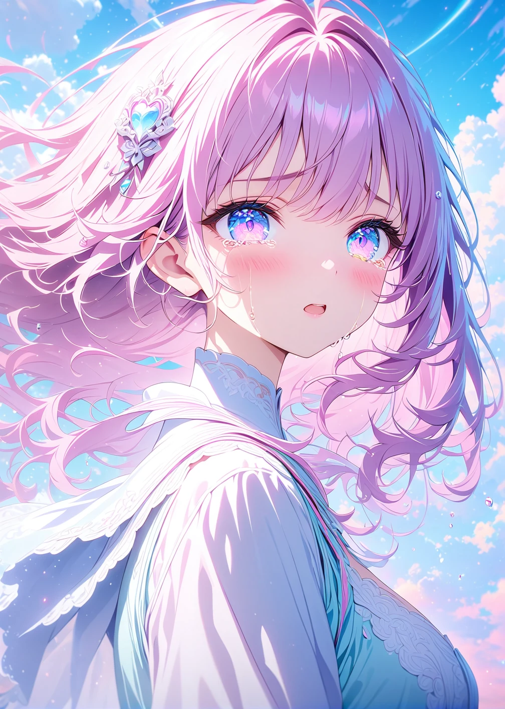 <lora:Blue_Alive:1>  cloudy sky, pastel colors , cry, ,best quality ,masterpiece, illustration, an extremely delicate and beautiful, extremely detailed ,CG ,unity ,8k wallpaper, Amazing, finely detail, masterpiece,best quality,official art,extremely detailed CG unity 8k wallpaper,absurdres, incredibly absurdres, huge filesize , ultra-detailed, highres, extremely detailed,beautiful detailed girl, extremely detailed eyes and face, beautiful detailed eyes,light on face,1girl, 4k , masterpiece