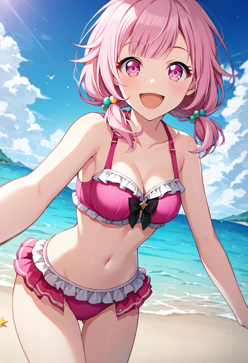 otori_emu, pink hair, short hair, pink eyes, official art, pink eyes, medium breasts, pink frilled bikini, low twintails BREAK outdoors, beach BREAK  looking at viewer, dynamic pose, open mouth, happy face, smile BREAK score_9, score_8_up, score_7_up, source_anime ,zPDXL, perfect hand, <lora:Otori_Emu:0.8>