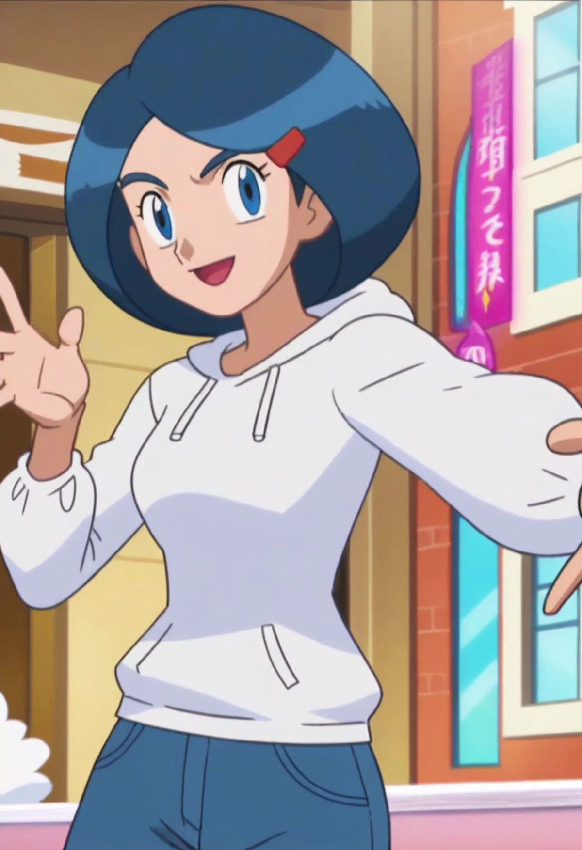 anime screencap in mnst artstyle, Johanna (Pokemon), 1girl, jeans, hand reaching towards viewer, upper body view, blue hair, white wool sweatshirt, dynamic pose,