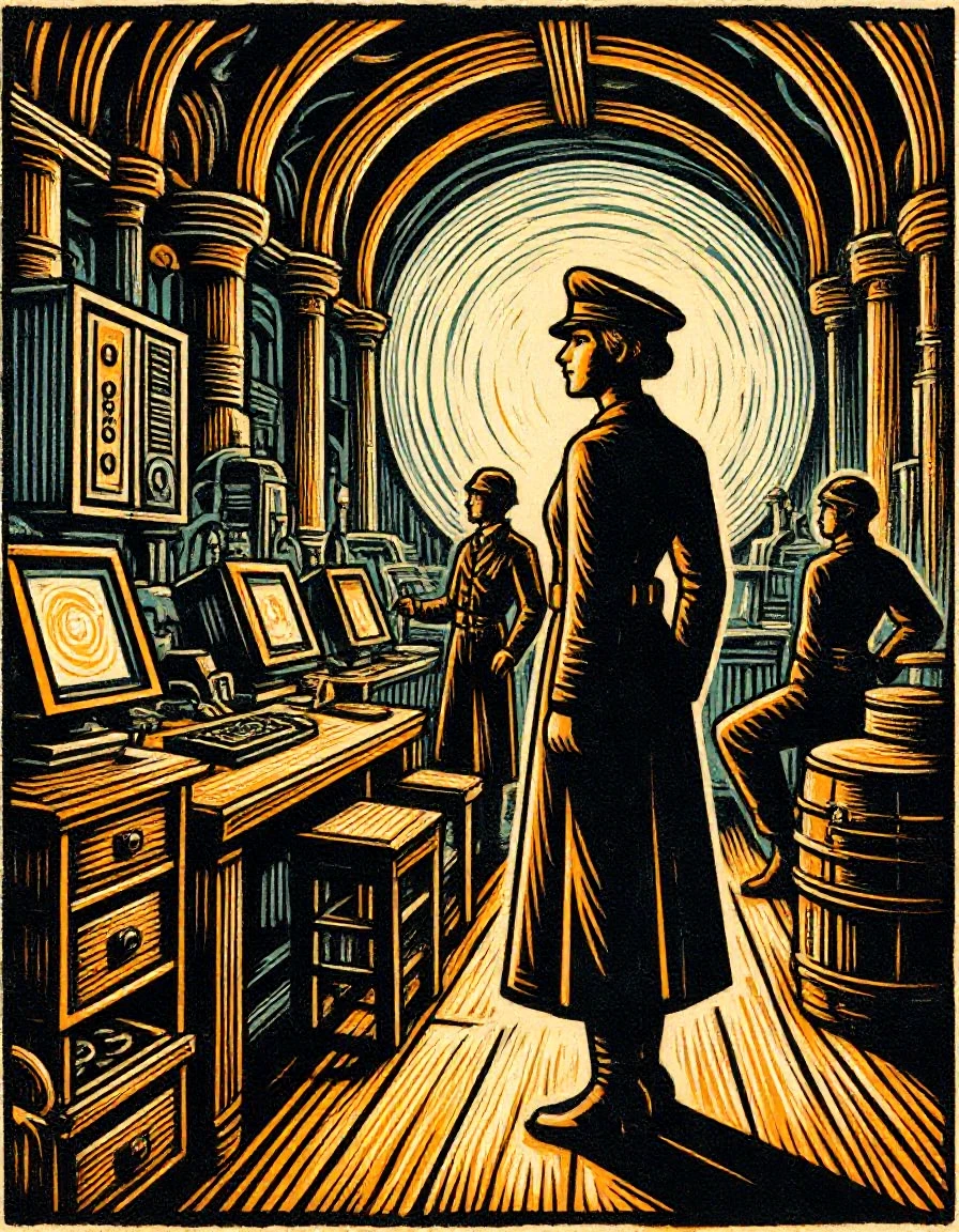 Woodblock print of a sci-fi hero named Commander Bria Ursan in an underground bunker glowing monitors and analog switches metal baroque machinery light dust with background soldiers and scientists work computers