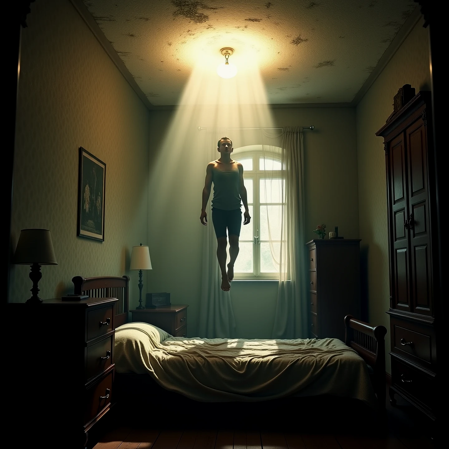 Bedroom abduction. Spectral lights shining fiercely through the window. A body rising towards a bright ceiling vortex of light.

alnabdctnCE style 