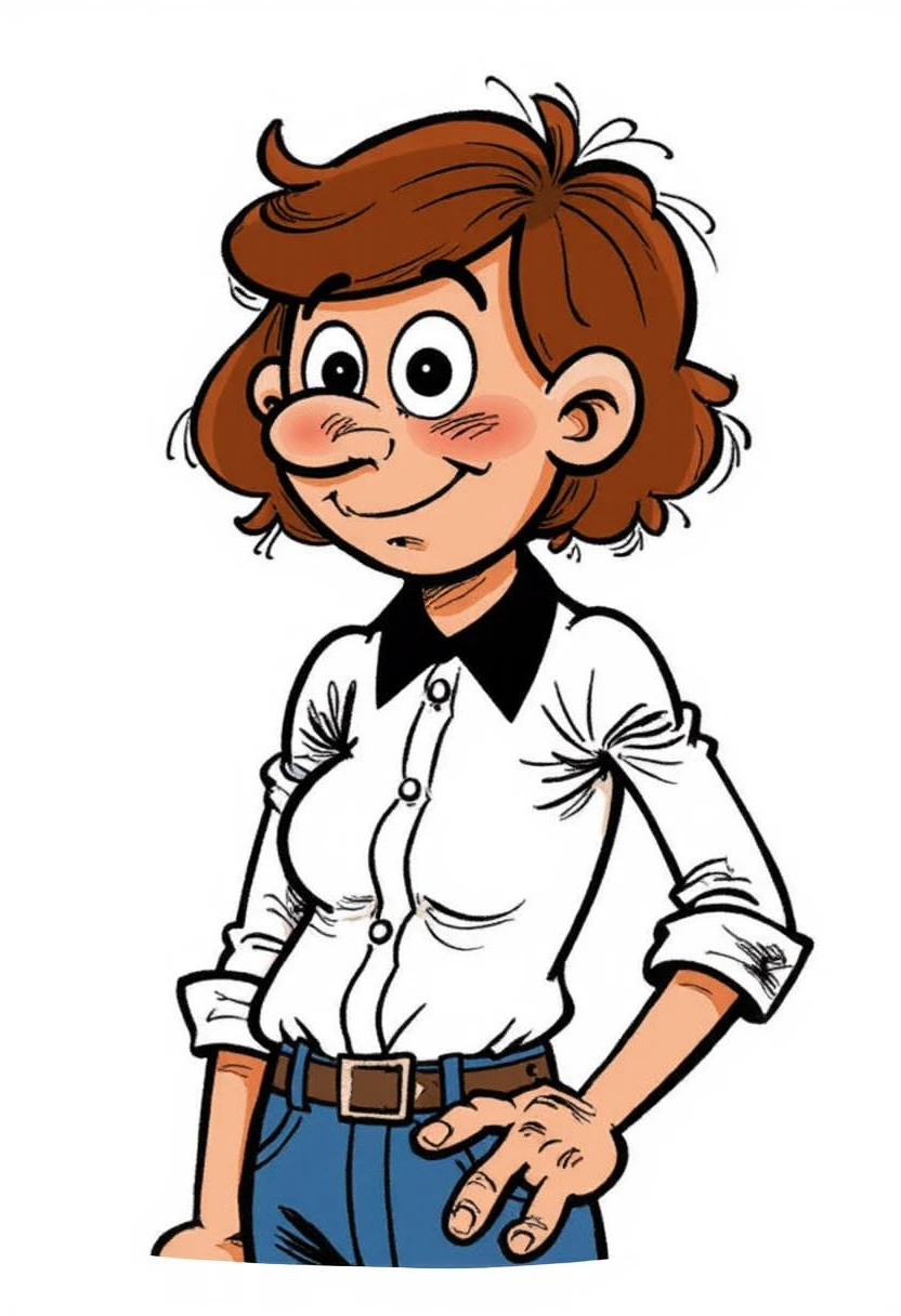 cartoonish drawing of a mort4d3lo style woman short and cute, with short hair and a basque shirt