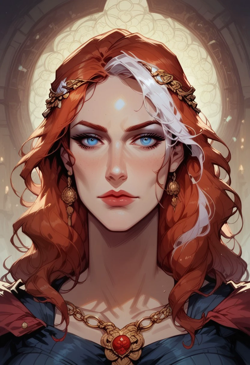 score_9, score_8_up, score_7_up, BREAK, 1woman portrait, beautiful, dramatic lights ((Loshe. Loshe Divinity Original Sin 2. LosheDOS2. mulitcolored hair. redandwhitehair. white highlights, blue eyes))