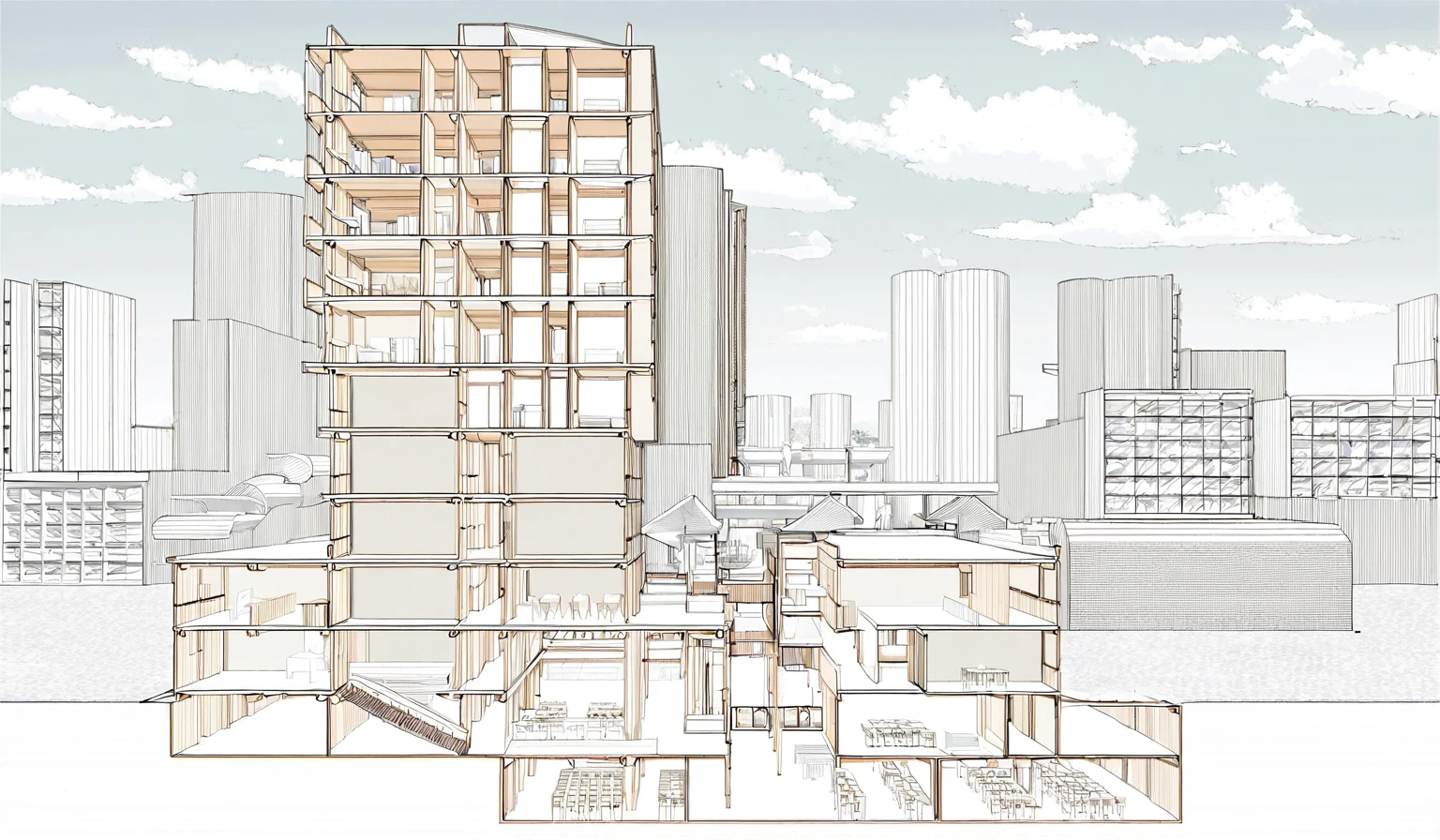 best quality, good quality, architecture, a section perspective drawing of a library with a lot of book shelves and a porch area with a table and chairs and a bench, David Chipperfield, archdaily, modernism