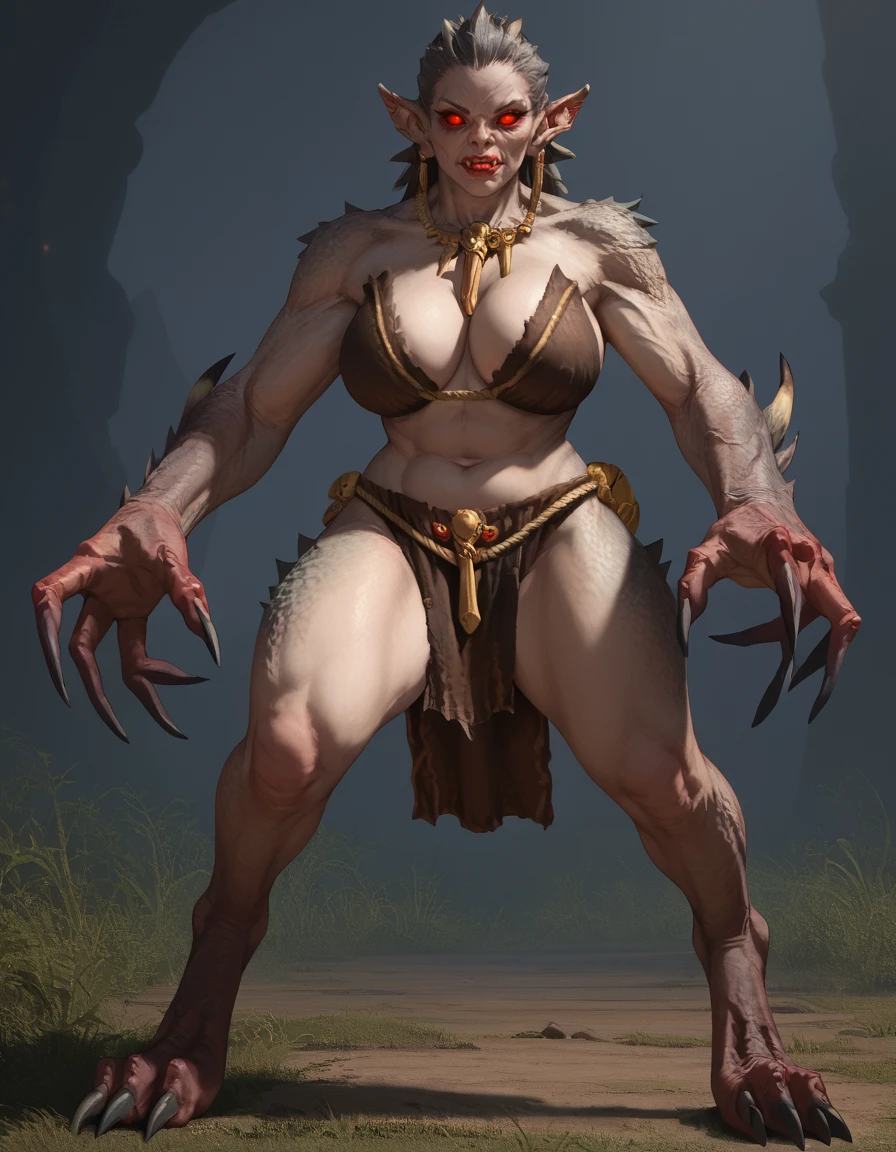 score_9, score_8_up, score_7_up, 2d, cartoon, source_cartoon,
StrigoiGhoulKing, monster girl, mature female, curvy, claws, pointy ears, red eyes, red sclera, solid eyes, glowing eyes, solo,
loincloth, chest sarashi,
 <lora:StrigoiGhoulKing_PonyXL:0.8>