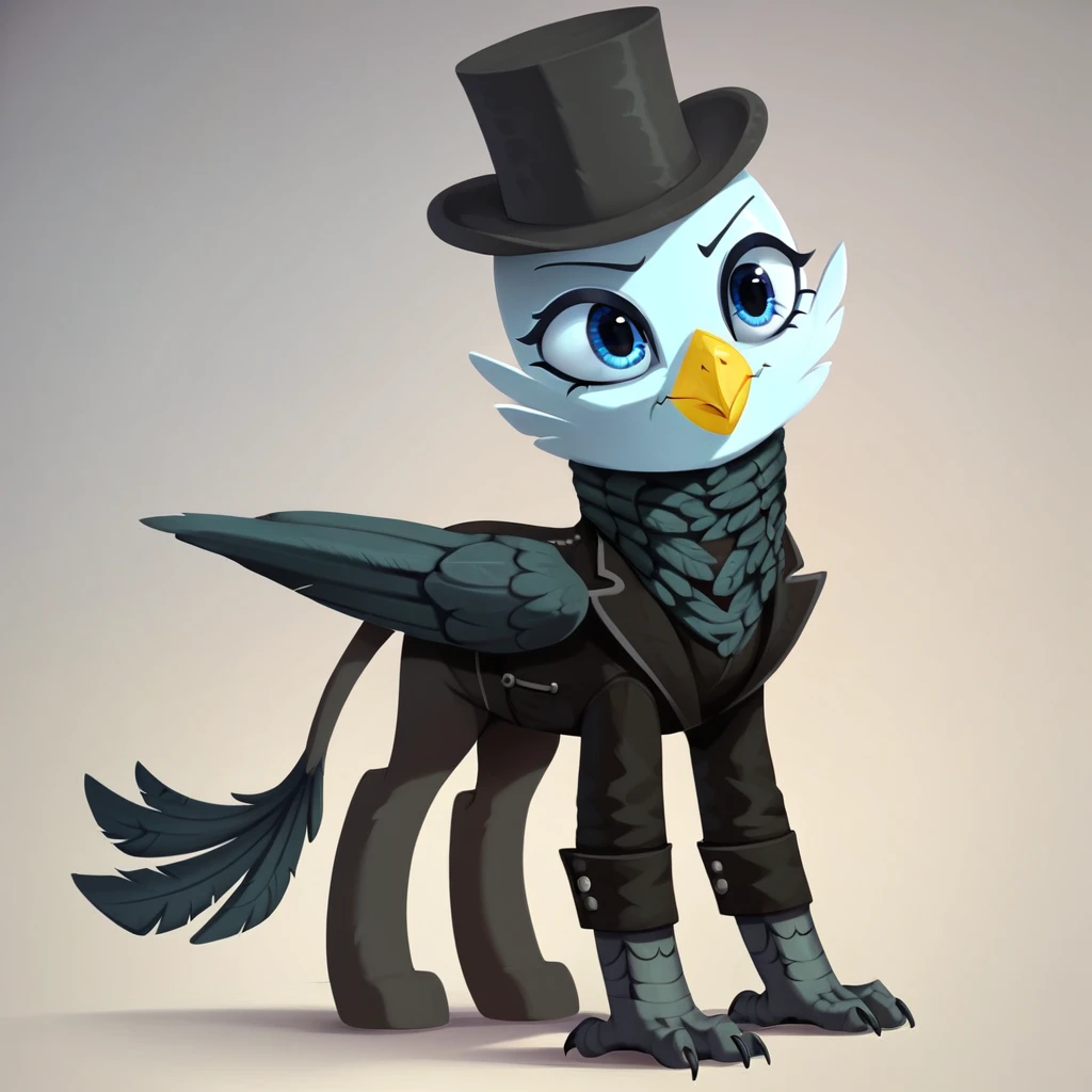 masterpiece, score_9_up, score_8_up, score_7_up, score_6_up, (best quality:1.1), ultra-detailed, high resolution, solo, Genevieve Guildedwing, griffon, mlp, avian, feral, female, thin eyebrows, blue eyes, long eyelashes, yellow beak, bright feathers, feathery ears, dressed, black coat, top hat, scarf, monocle, standing, full body, expressiveh, simple background, highly visible, sharp focus, anatomically correct