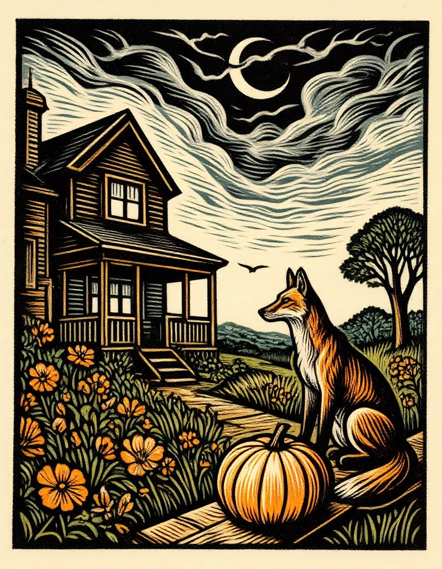 Woodblock print of a sly fox staring up at a pumpkin pie on the ledge of a rustic country home's window. Unkempt lawn and wild garden in the  yard under a dramatic sky.