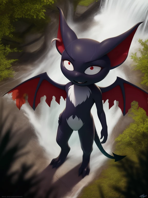 <lora:DanteMonkartYiff:1> DanteMonkart, black skin, red eyes, earring in the ear,  wings, earring, white belly, (tail, pointed tail), chibi, small body, 
Looks at the viewer, [ solo, nature, forest, day, clouds, waterfall,]  ((Hands on hips, standing, high-angle view,))
(beautiful, aesthetic, perfect, delicate, intricate, saturated colors), masterpiece, digital drawing, best quality,
[by dagasi|ancesra:0.6], [by foxovh|personalami:0.5], [by einshelm|tom_fischbach],