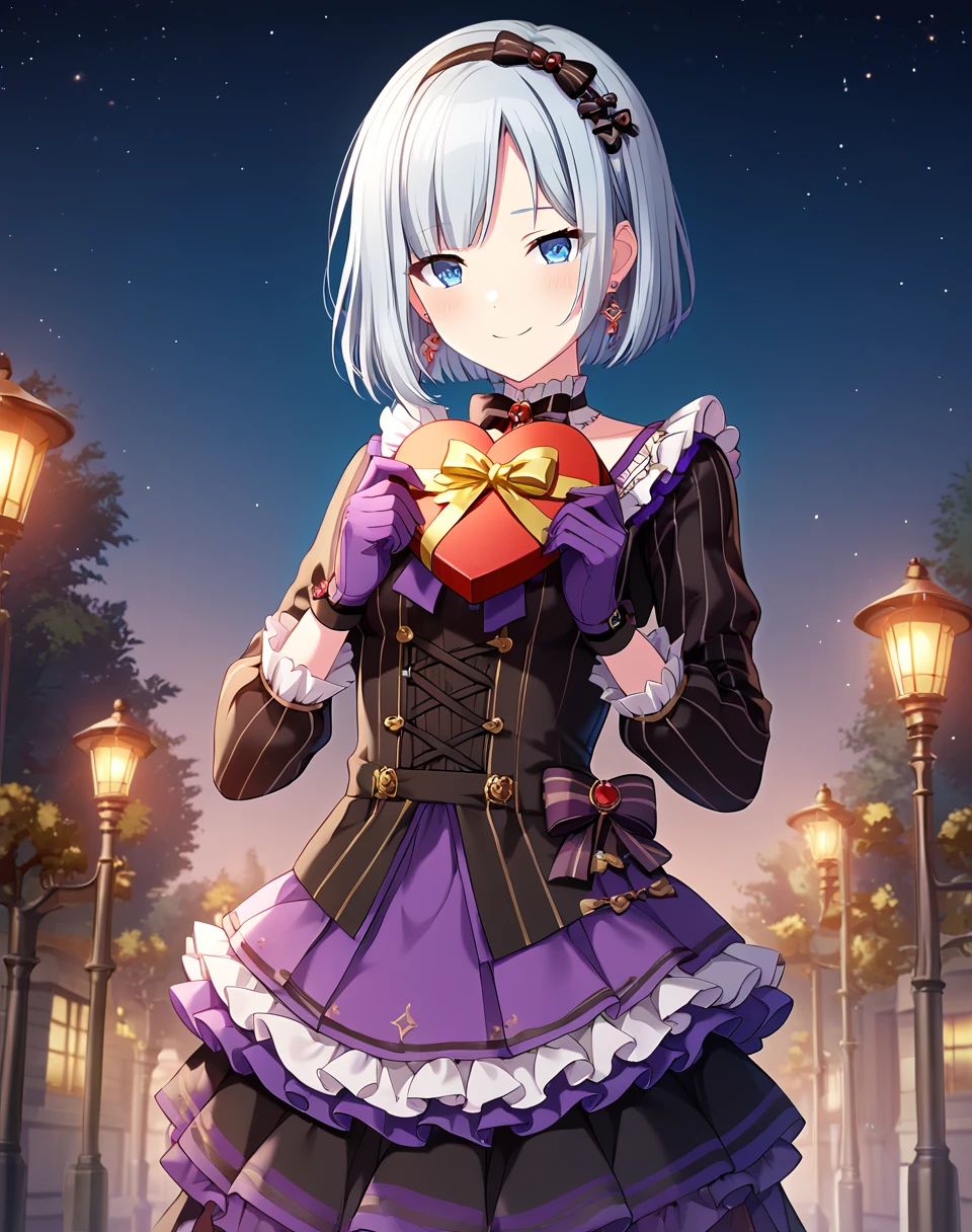 yoisaki_kanade, grey hair,  blue eyes, gloves, earrings, jewelry,  bow, holding, valentine, gift, dress, long sleeves,  medium hair, black frilled dress, purple gloves, official art  BREAK outdoors, bridge , starry sky, stars, BREAK looking at viewer, cute face, smile, blush, confession, cowboy shot BREAK score_9, score_8_up, score_7_up, source_anime ,zPDXL, perfect hand, <lora:Yoisaki_Kanade:0.8>, petite body, small breasts, solo