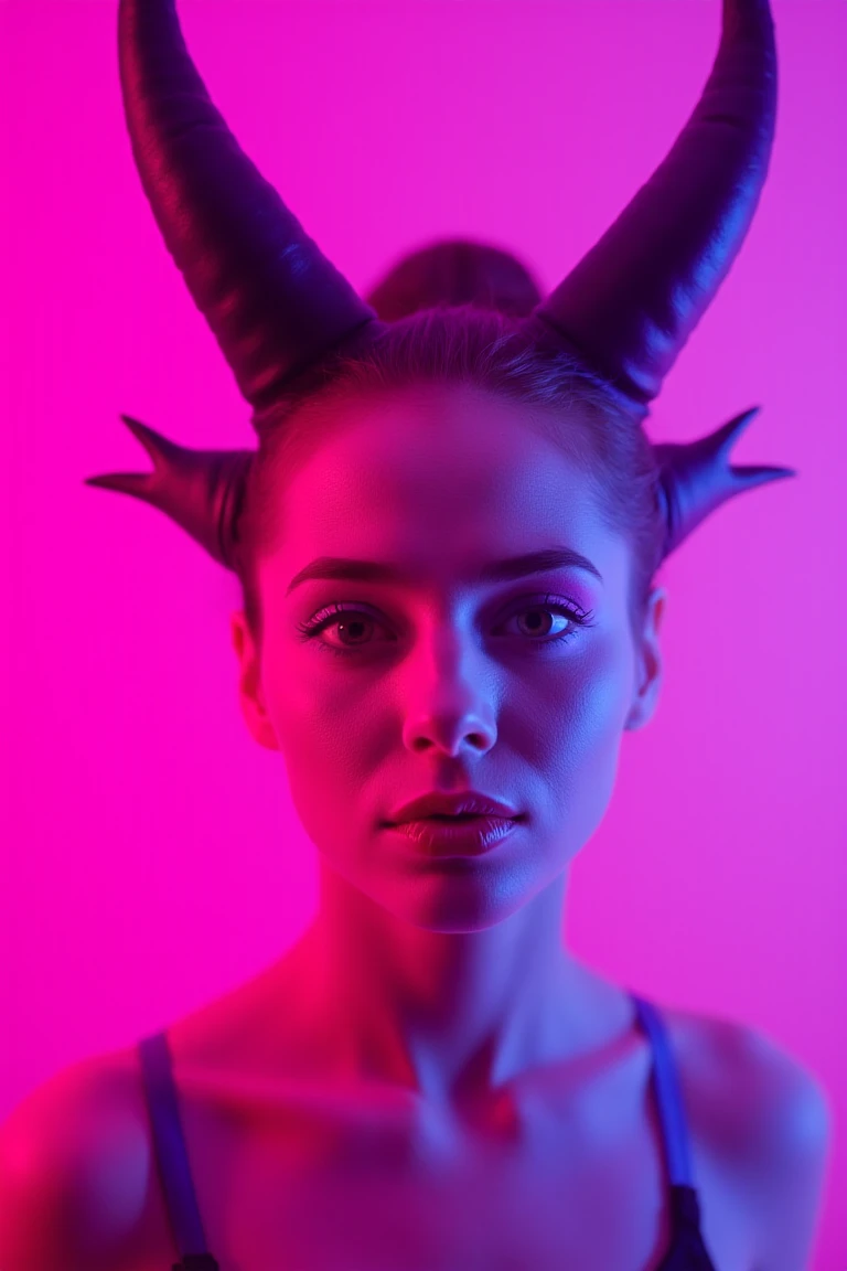 best quality, 4K, 8K, high-resolution, masterpiece, ultra-detailed, photorealistic, an artistic image of a woman with purple eyes and white make - up on her face in front of a pink background, woman, looking at viewer, purple eyes, upper body, horns, lips, gradient background, colored skin, portrait, realistic