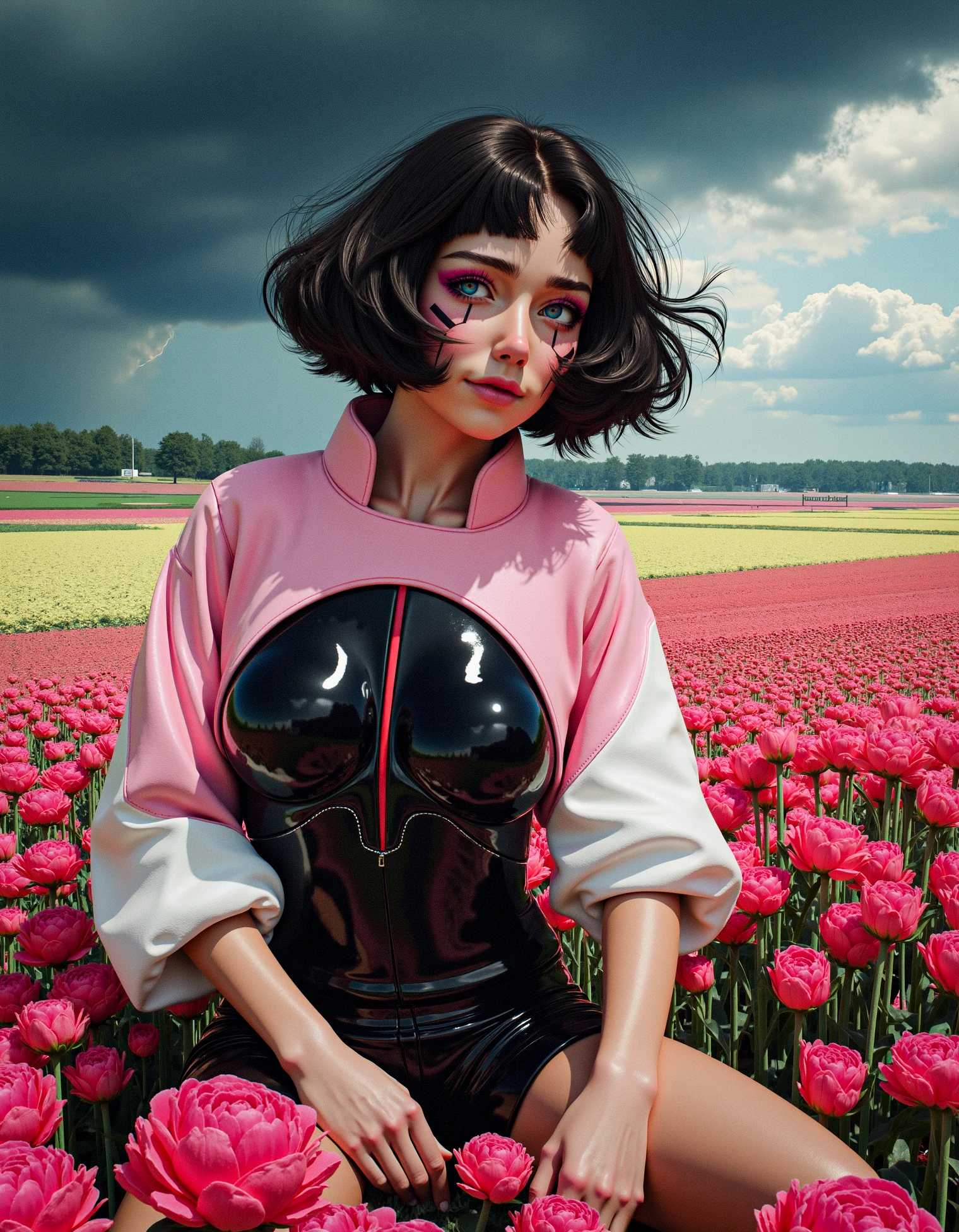 zavy-sasha, a young woman dressed in a black bodysuit and pink with white shrugs in renaissance painting style, sitting in a field of vibrant flowers, with a storm brewing in the distance, her posture tense as she prepares for a fight