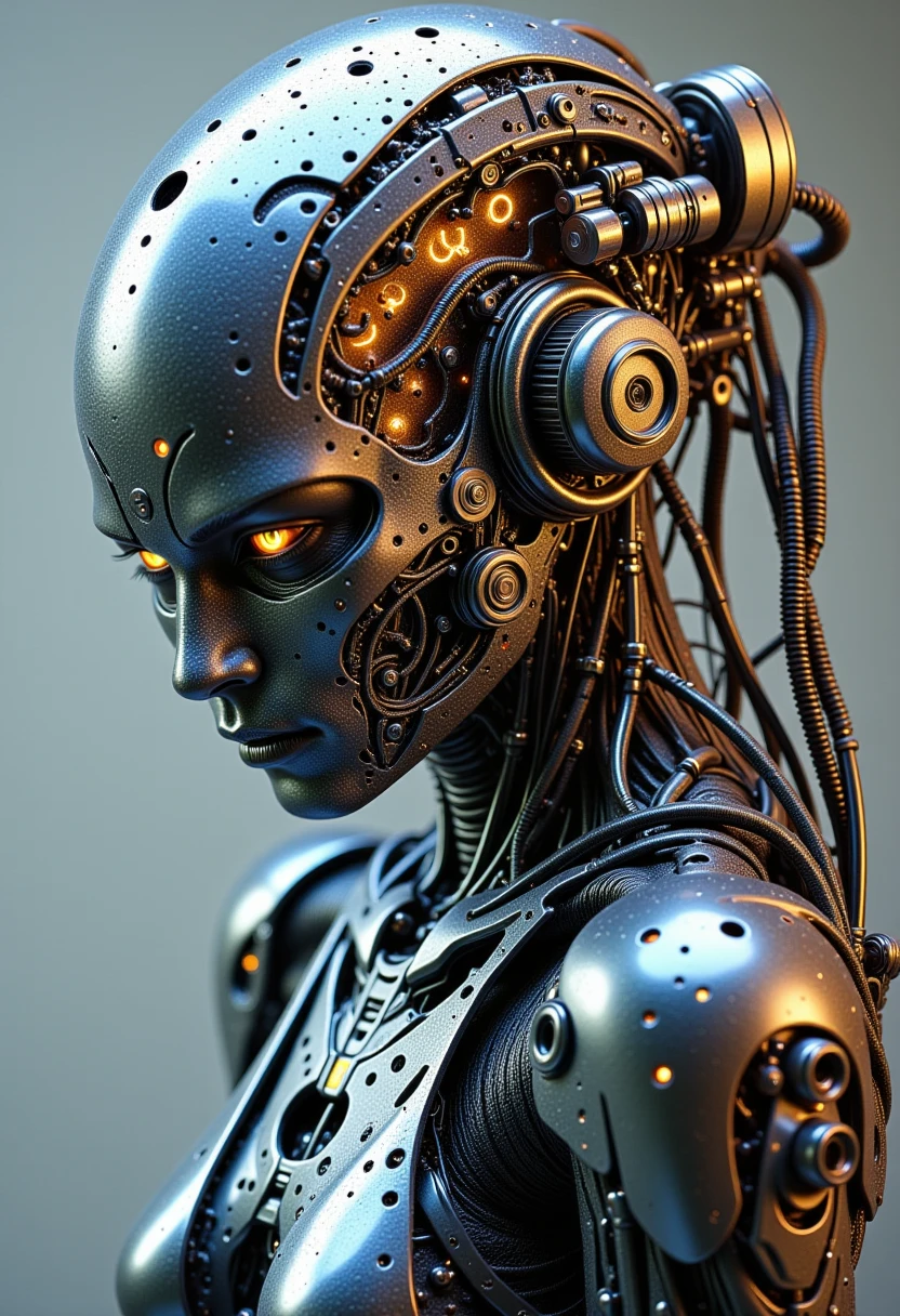 A highly detailed illustration of a biomechanical cyberpunk scene, featuring a stunning cyborg that embodies the fusion of human and machine. The artwork should showcase organic skin intricately merging with advanced cybernetic components, such as metallic implants and delicate circuitry. The glowing elements and dark color palette should enhance the dystopian atmosphere, emphasizing realism through meticulous detailing in both graphite and colored pencil, captivating the viewer with its surreal beauty.