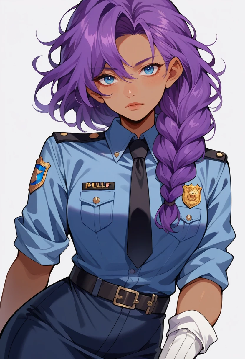 score_9, score_8_up, source_anime, 1girl, solo, ChaMmVT, mature female, blue eyes, mole under mouth, purple hair, long hair, braided ponytail, hair over shoulder, dark skin, police uniform, blue shirt, black necktie, badge, sleeves rolled up, white gloves, blue skirt, pencil skirt, <lora:ChamChaChaPonyXL:1>