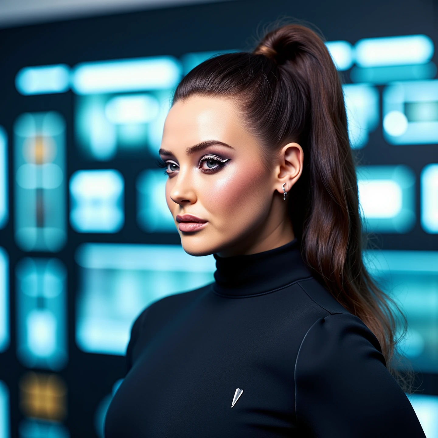 headshot of S467_ZuzuSweet,a stylish woman,in a (casino:1.1),wearing a (turtleneck),(hair bun),(4k, RAW photo, best quality, 50mm, depth of field, ultra high res:1.1),(intricate, photorealistic, cinematic-shot, masterpiece, ultra-detailed:1.1),
