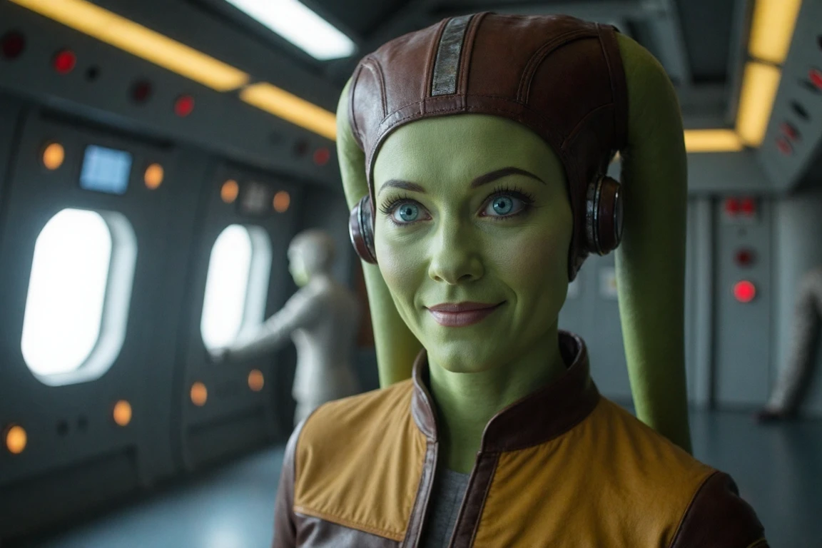 hyperrealistic art hyperrealist portrait, extreme detail  hera syndulla with green skin and light blue eyes, wearing a Star Trek uniform, on the bridge of the Starship Enterprise  . extremely high-resolution details, photographic, realism pushed to extreme, fine texture, incredibly lifelike