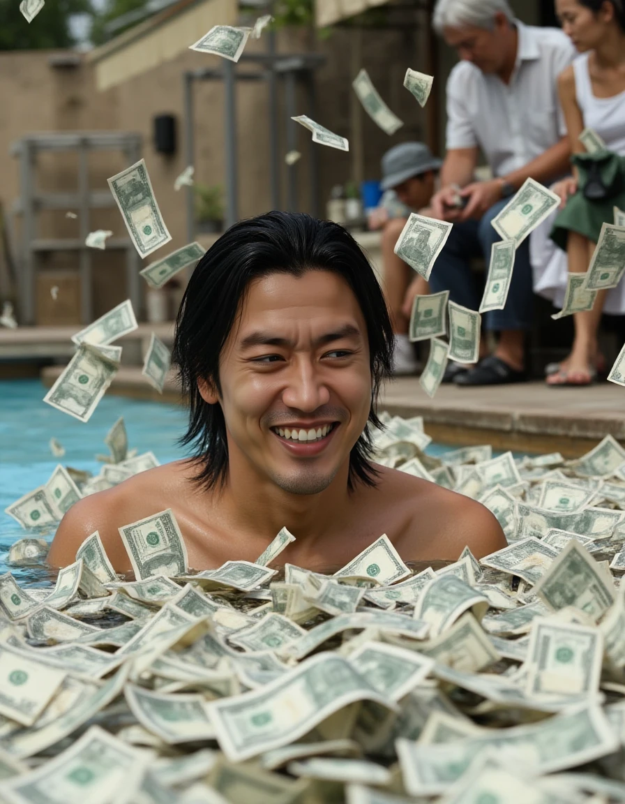 <lora:Shun Akiyama_epoch_11:0.8> Shun Akiyama is laughing while swimming in a big pile of money.