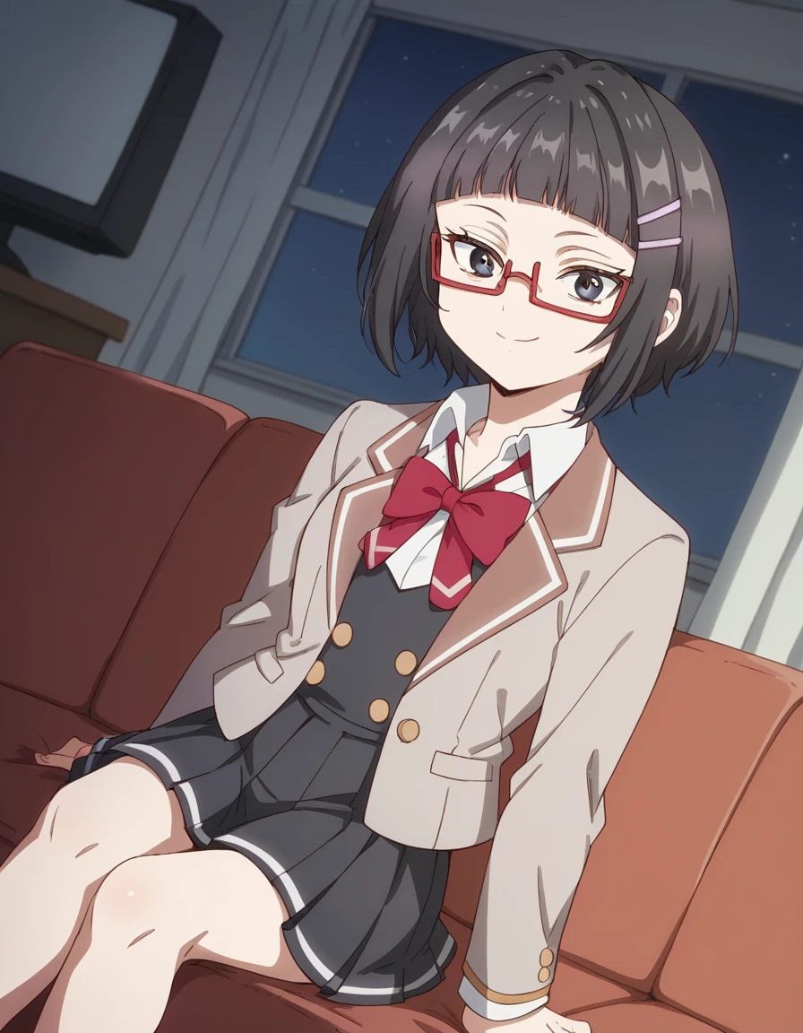 score_9, score_8_up, score_7_up, source_anime, <lora:sayaka-taniyama-s1-ponyxl-lora-nochekaiser:1>, sayaka taniyama, black eyes, black hair, short hair, bangs, blunt bangs, hair clip, glasses, red-framed eyewear,, shirt, bow, school uniform, jacket, white shirt, collared shirt, bowtie, red bow, blazer, red bowtie, black skirt, pleated skirt,, living room, television, couch, popcorn, watching movie, night time, sitting,, smile, , undefined, solo,, cowboy shot, dutch angle