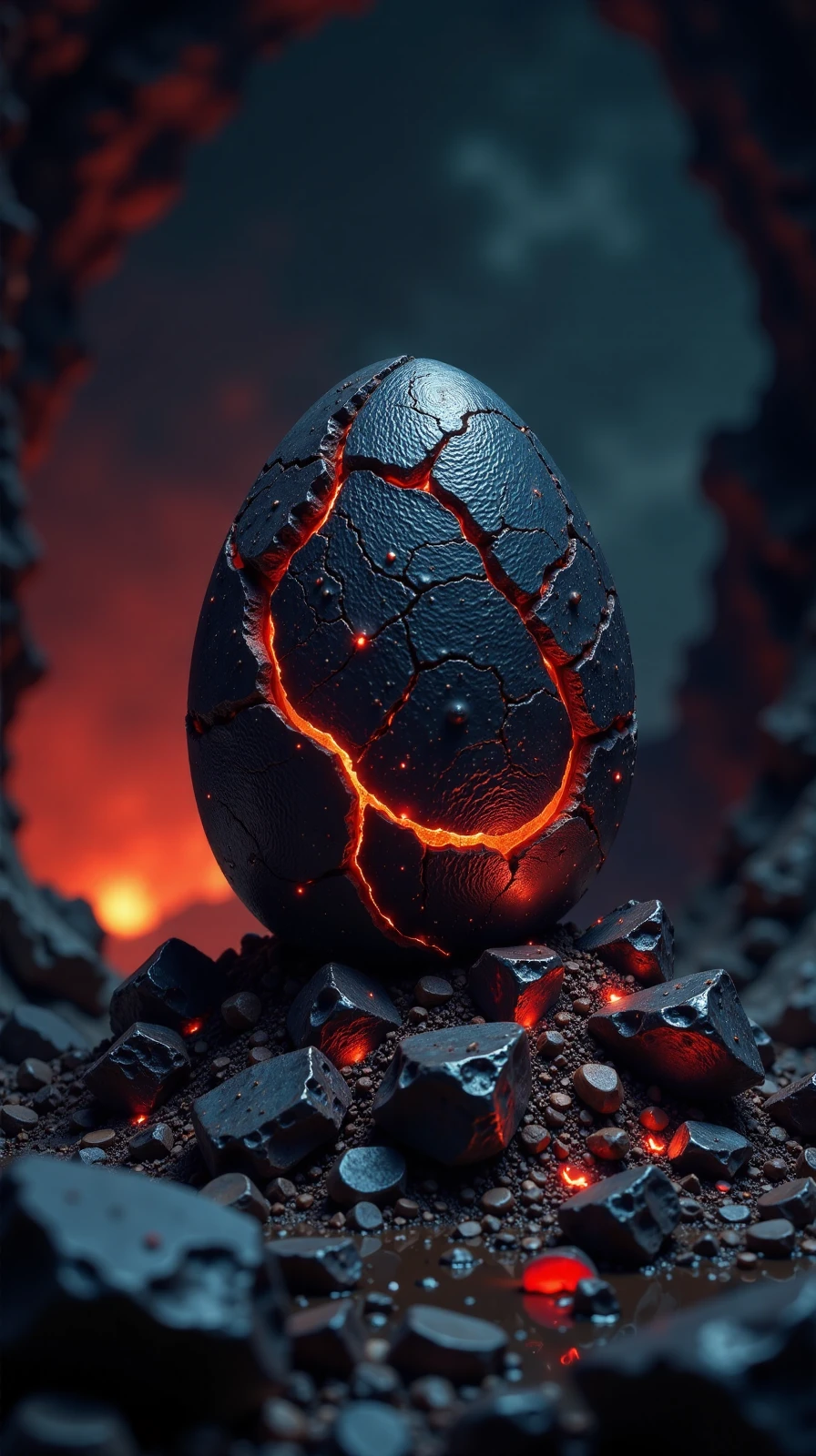 dark fantasy, eerie, horror, perfection style, a digital art illustration depicting a charred egg sitting on a pile of cinders in a cave full of lava and lit by the fires. The egg is covered with cracks glowing from the inside ,<lora:Flux Darkfantasy_epoch_1:1>,