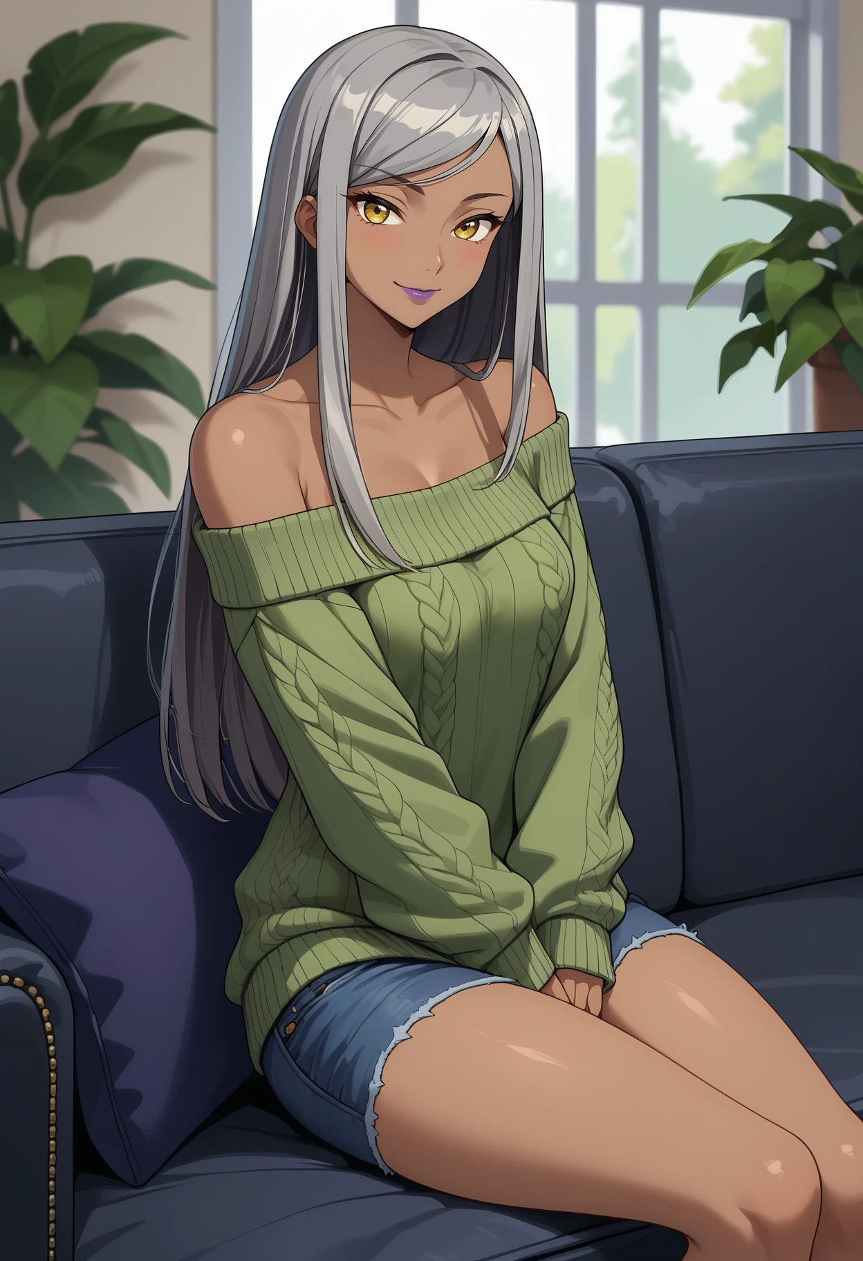 score_9, score_8_up,
<lora:CodeGeass_VillettaNuXL:0.8>,
1girl, closed mouth, light smile, light blush,
dark skin, dark-skinned female, long hair, grey hair, straight hair, swept bangs, yellow eyes, purple lips,
off-shoulder sweater, green sweater, collarbone, jeans,
thighs, thigh gap, sitting, v arms, looking at viewer,
blurry background, solo focus, indoors, couch