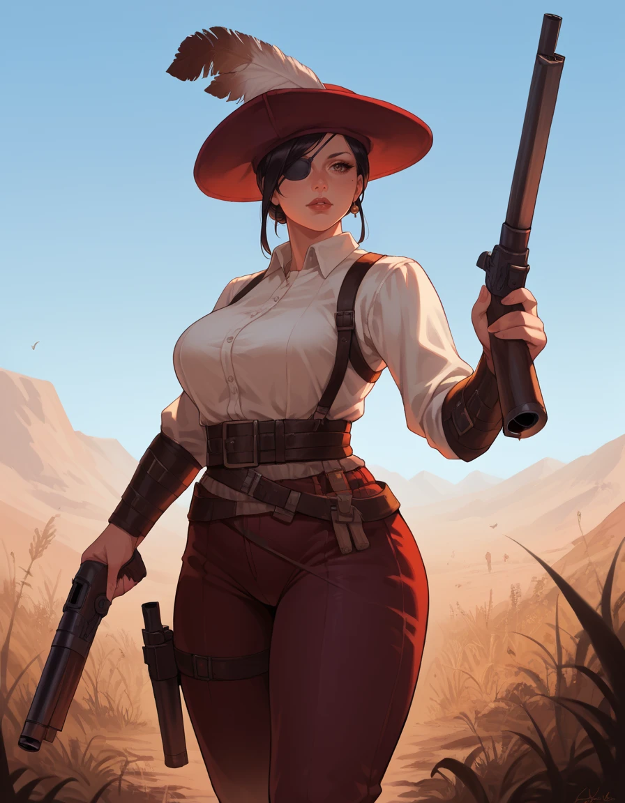 score_9, score_8_up, score_7_up, 2d, cartoon, source_cartoon,
FreeCompanyMilitia, mature female, curvy, hat, hat feather, eyepatch, belt, pants, thick thighs, holding weapon, gun, dual wielding,
<lora:FreeCompanyMilitia:0.9>