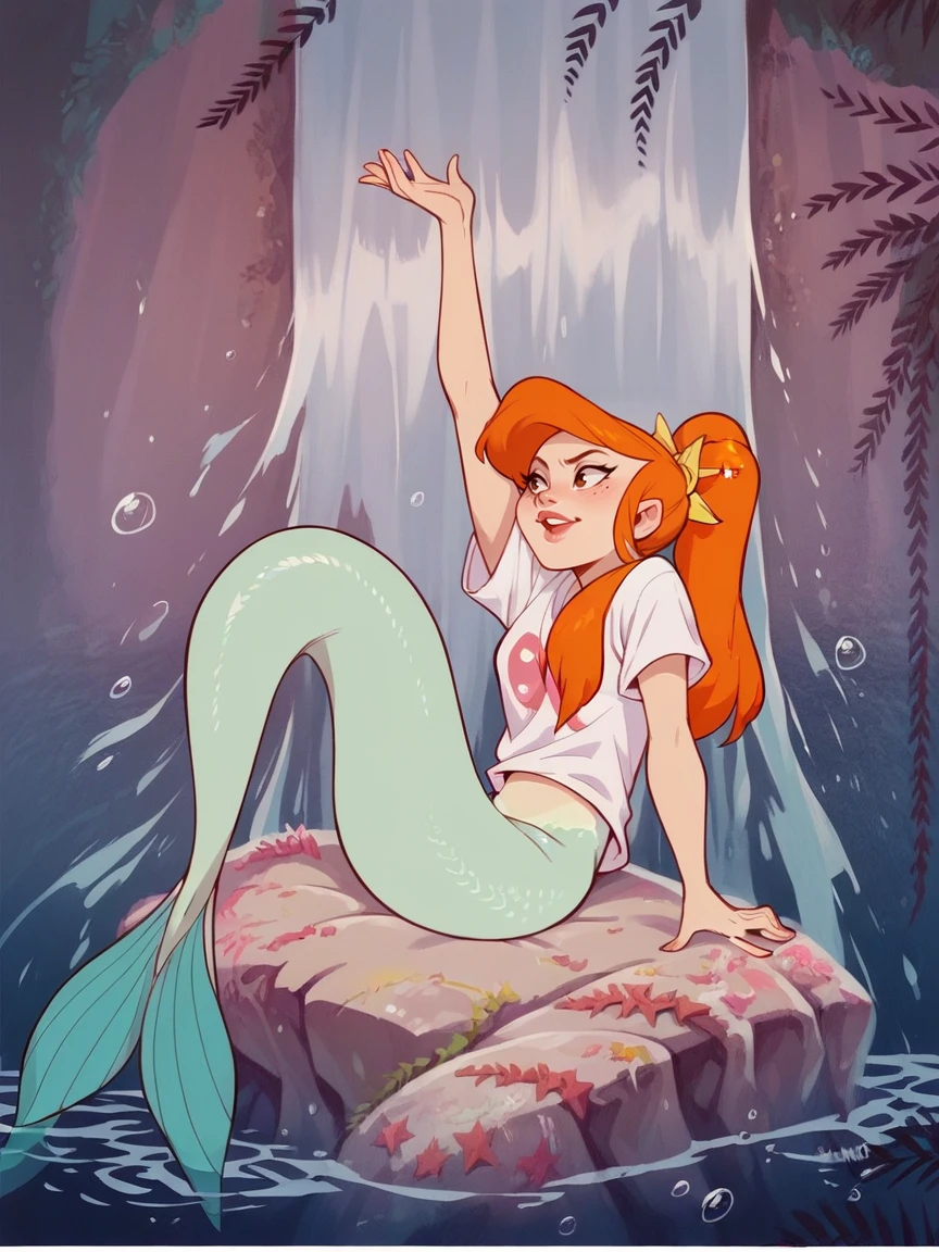 score_9, score_8_up, score_7_up, score_6_up, score_5_up,  <lora:ppm3r41dsXLP:1> ppm3r41ds, mermaid, 1girl, solo, orange hair, long hair, ponytail, t-shirt,