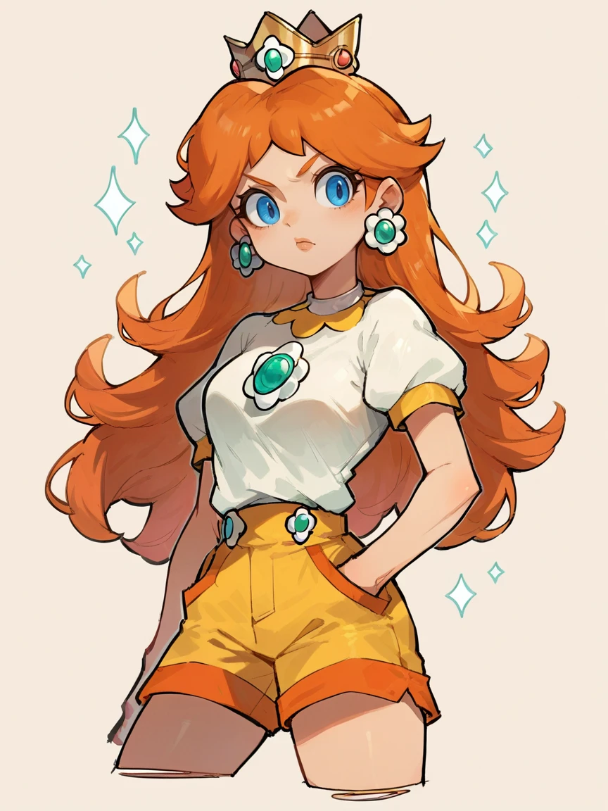 score_9, score_8_up, score_7_up, score_6_up, score_5_up,  <lora:PrincessDaisyXLP:1> princess daisy, 1girl, earrings, solo, blue eyes, crown, long hair, orange hair, shorts