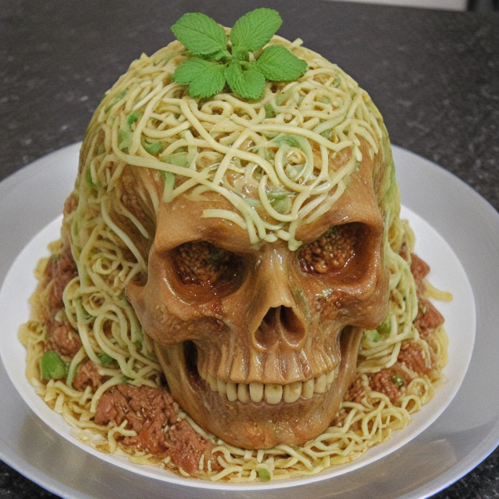 skull, green gelatin, noodles, meat sauce