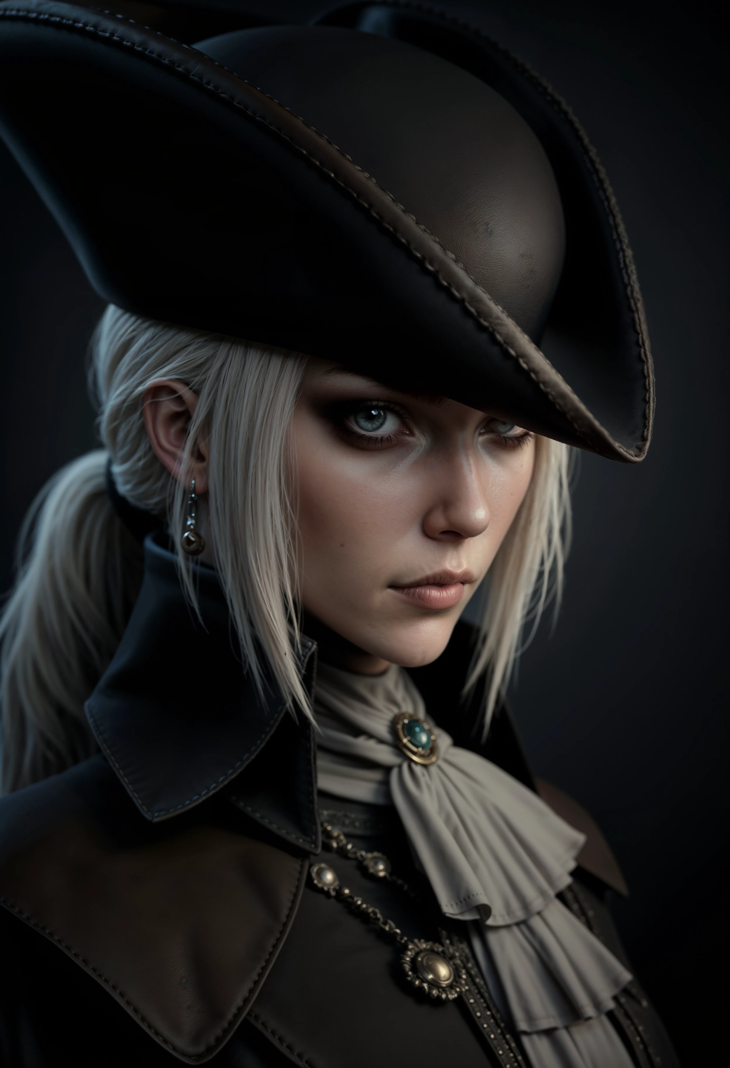 ultra realistic close up of Lady Maria, wearing her dark outfit, her white hair showing under her hat  <lora:FluxLadyMaria:1>